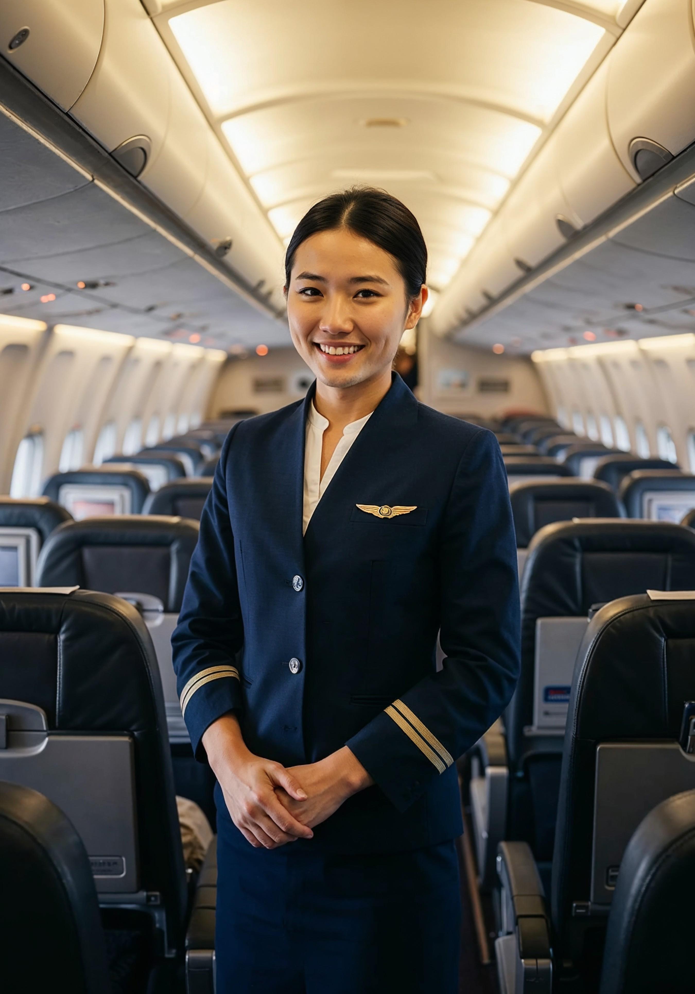 Professional Female Flight Attendant in Airline Uniform at Airport and Aircraft