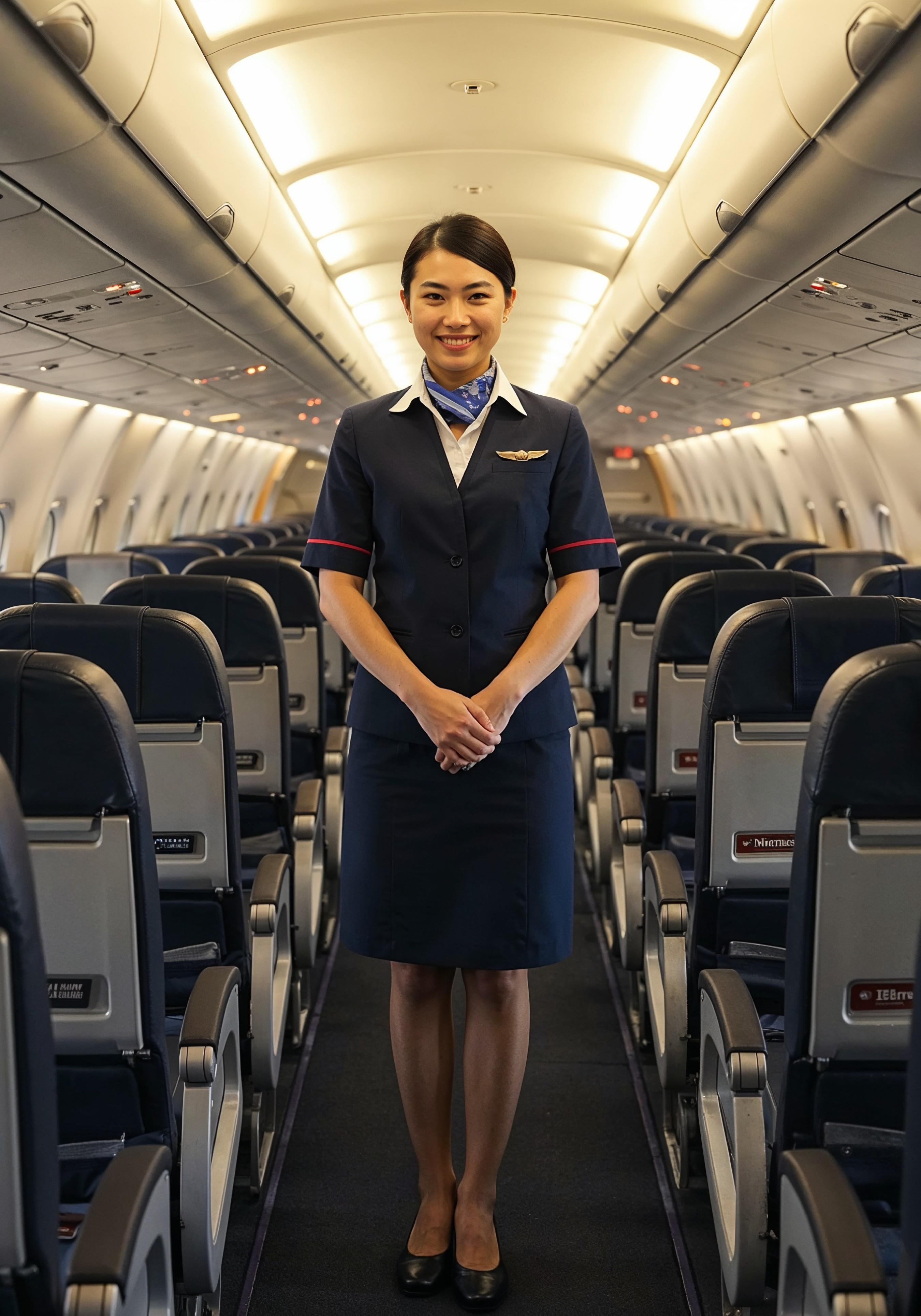 Professional Female Flight Attendant in Airline Uniform at Airport and Aircraft