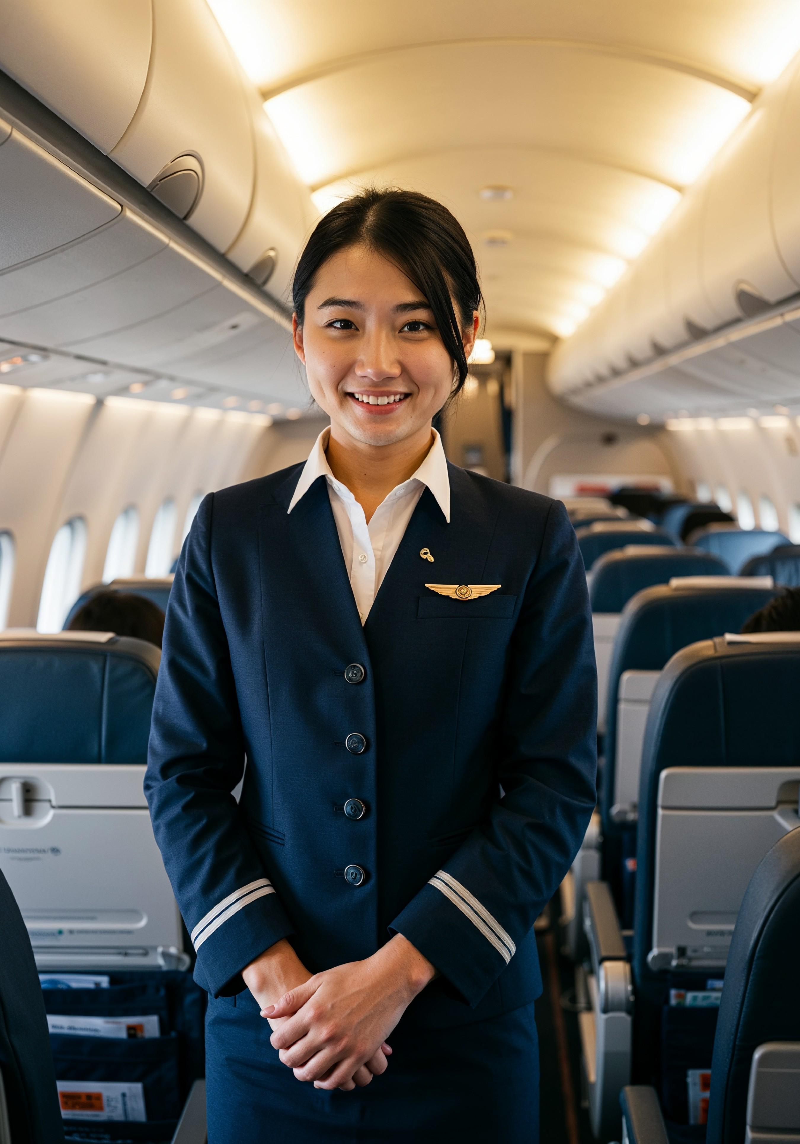 Professional Female Flight Attendant in Airline Uniform at Airport and Aircraft