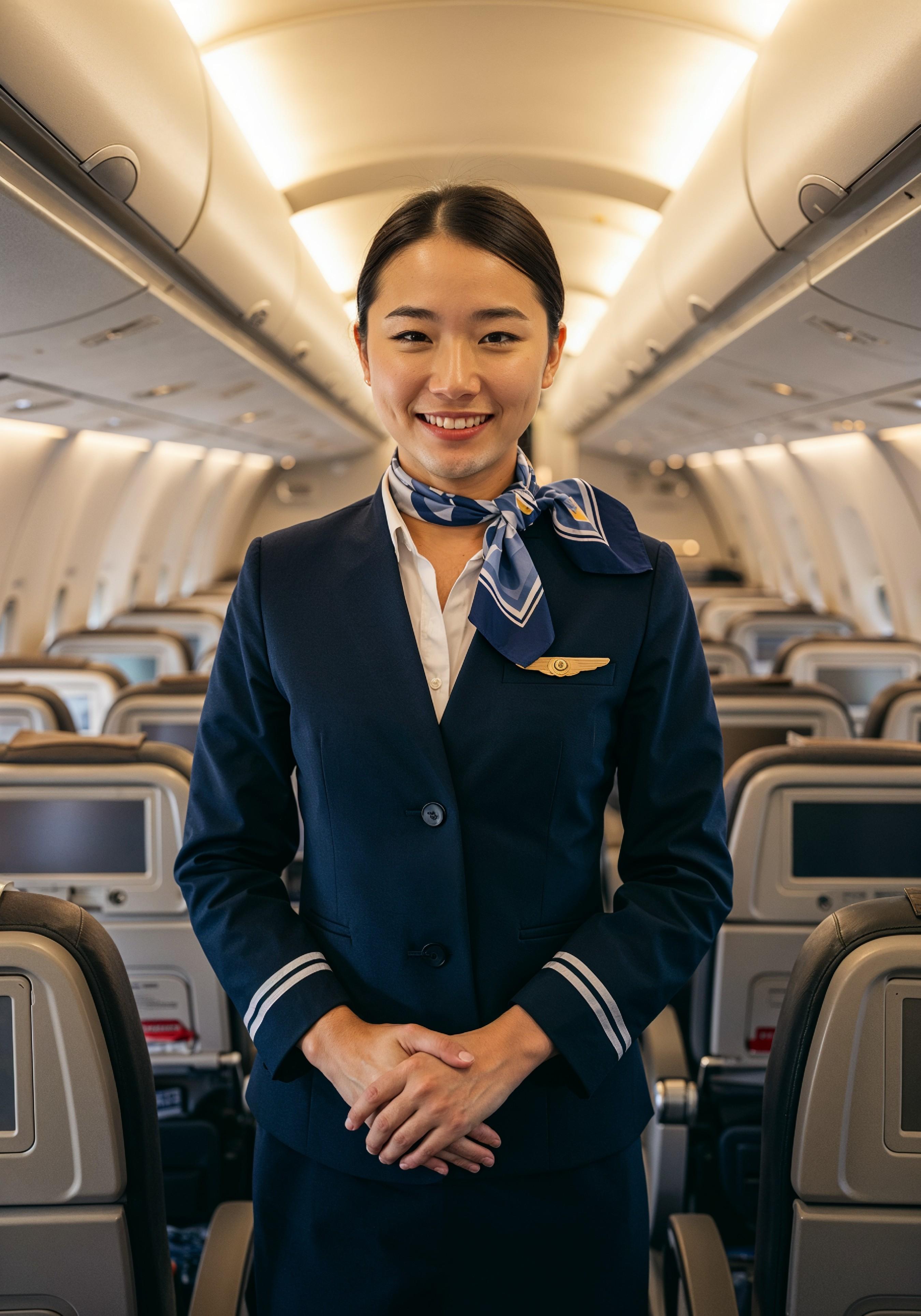 Professional Female Flight Attendant in Airline Uniform at Airport and Aircraft