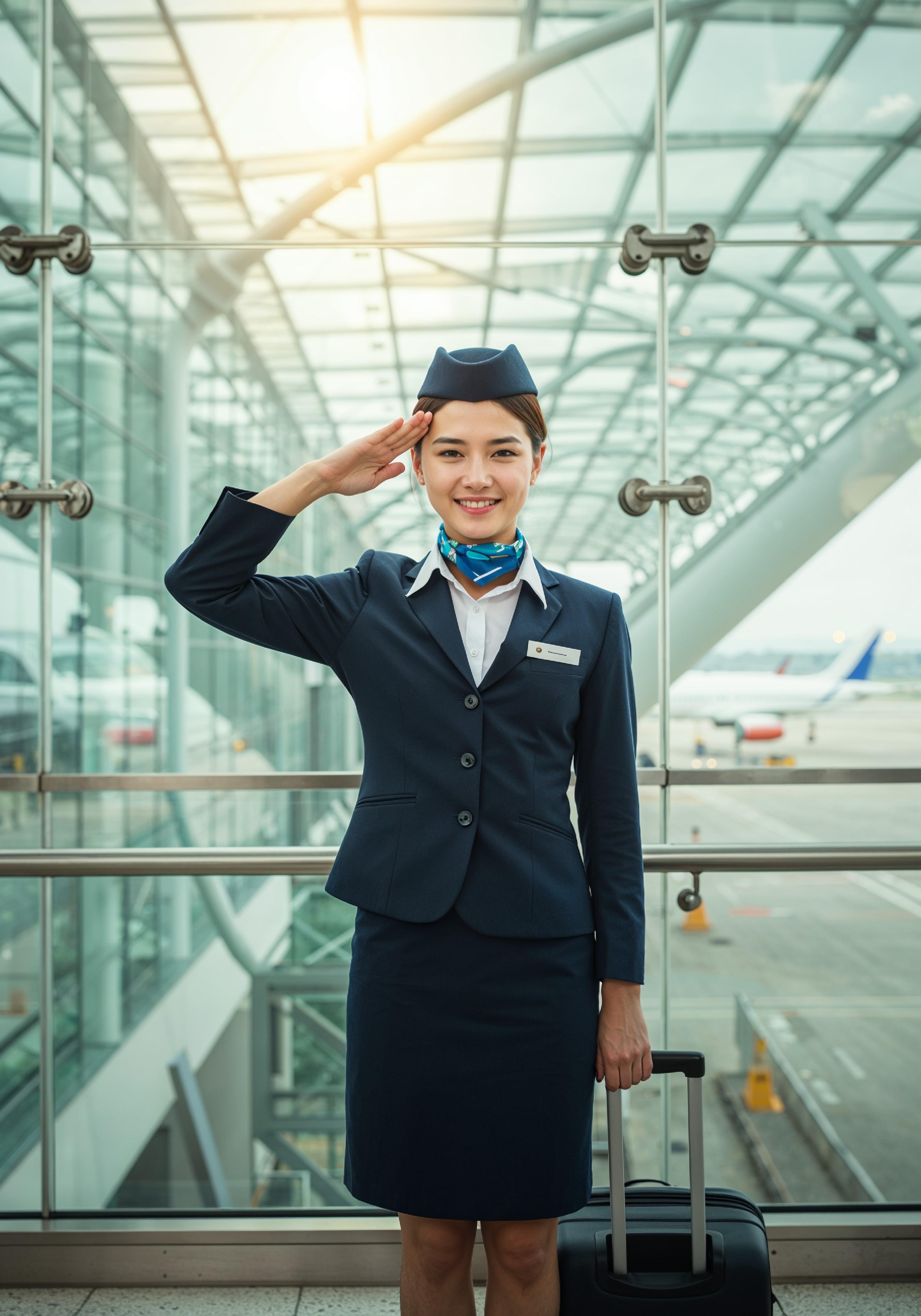 Professional Female Flight Attendant in Airline Uniform at Airport and Aircraft