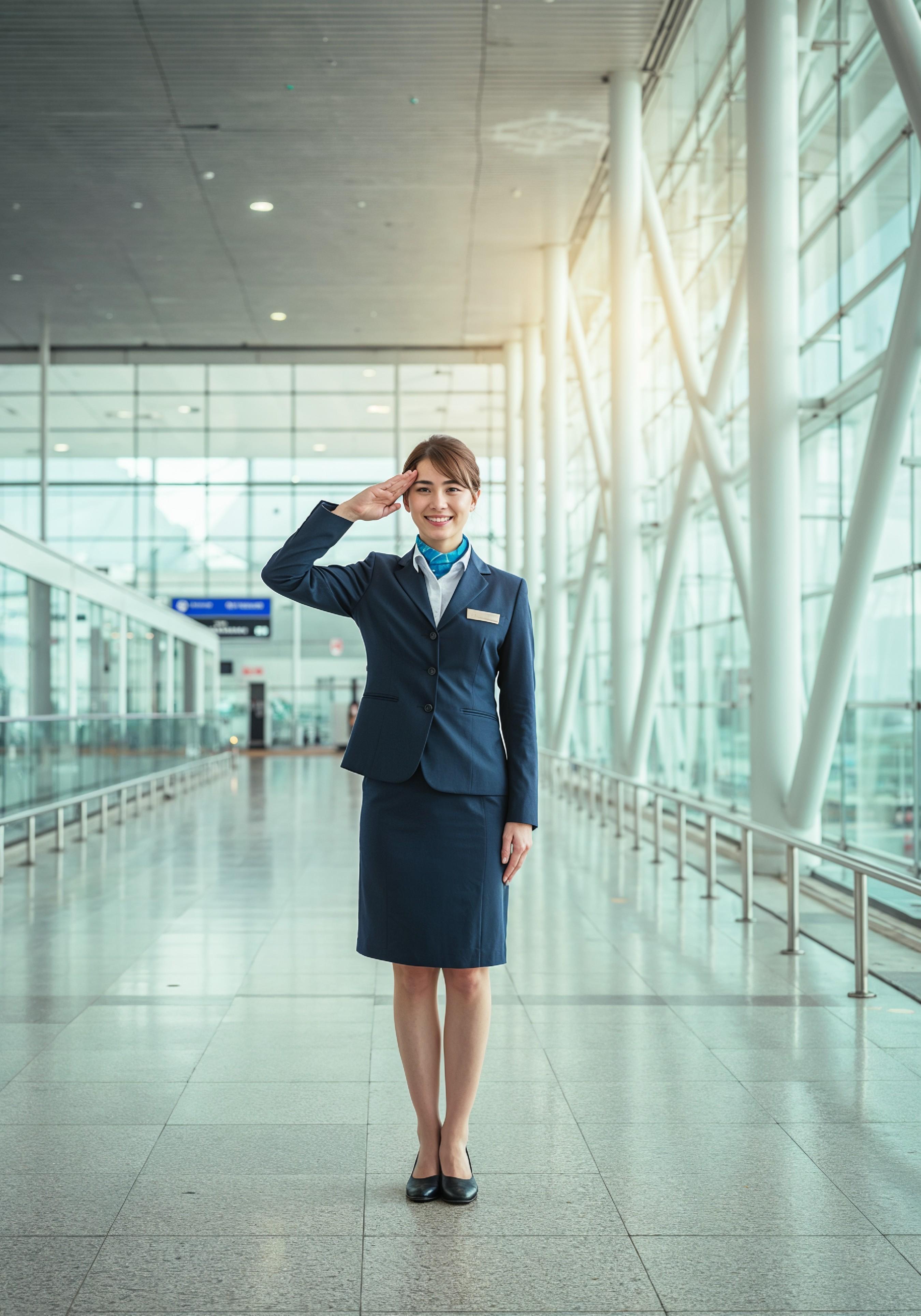 Professional Female Flight Attendant in Airline Uniform at Airport and Aircraft