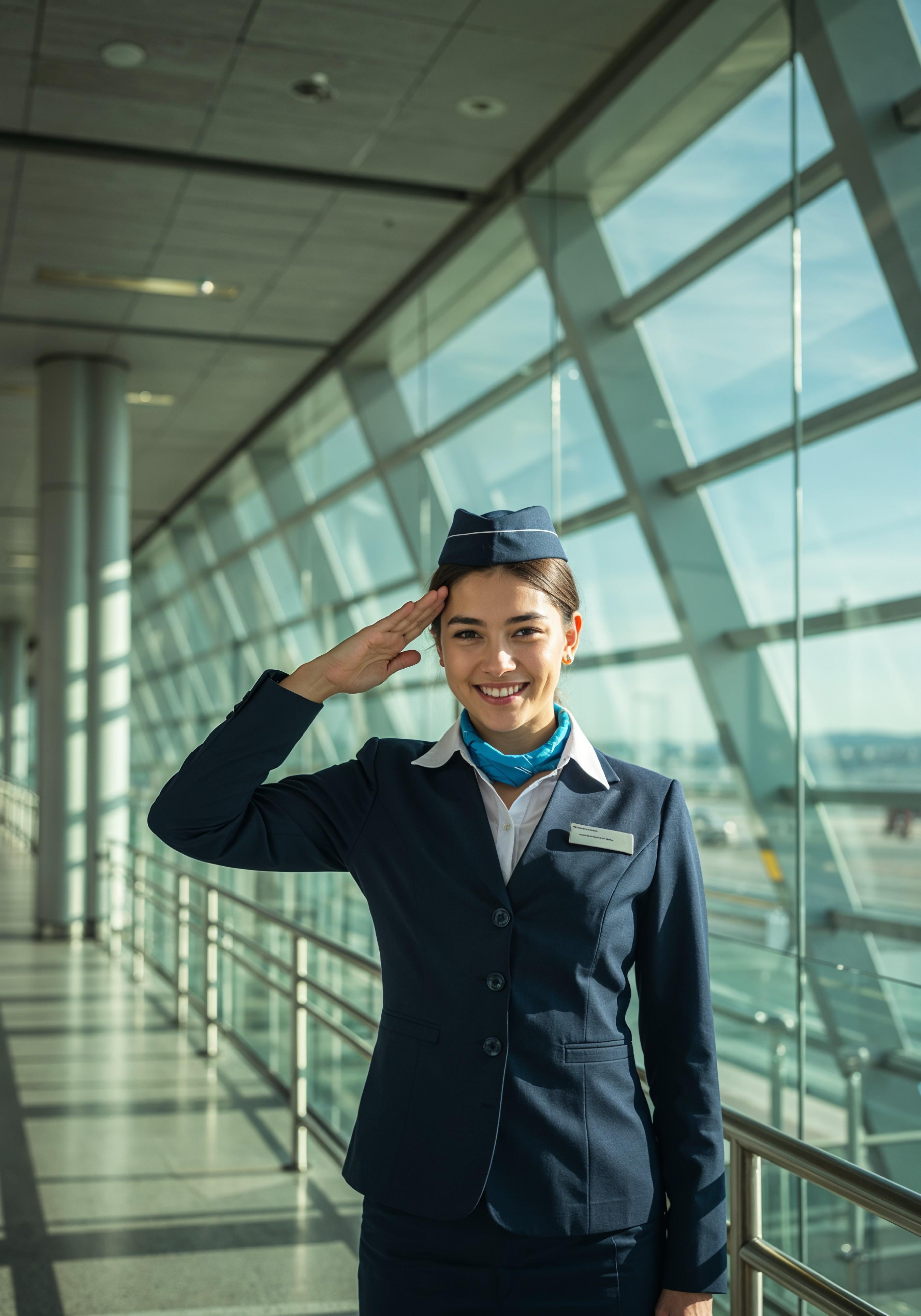 Professional Female Flight Attendant in Airline Uniform at Airport and Aircraft