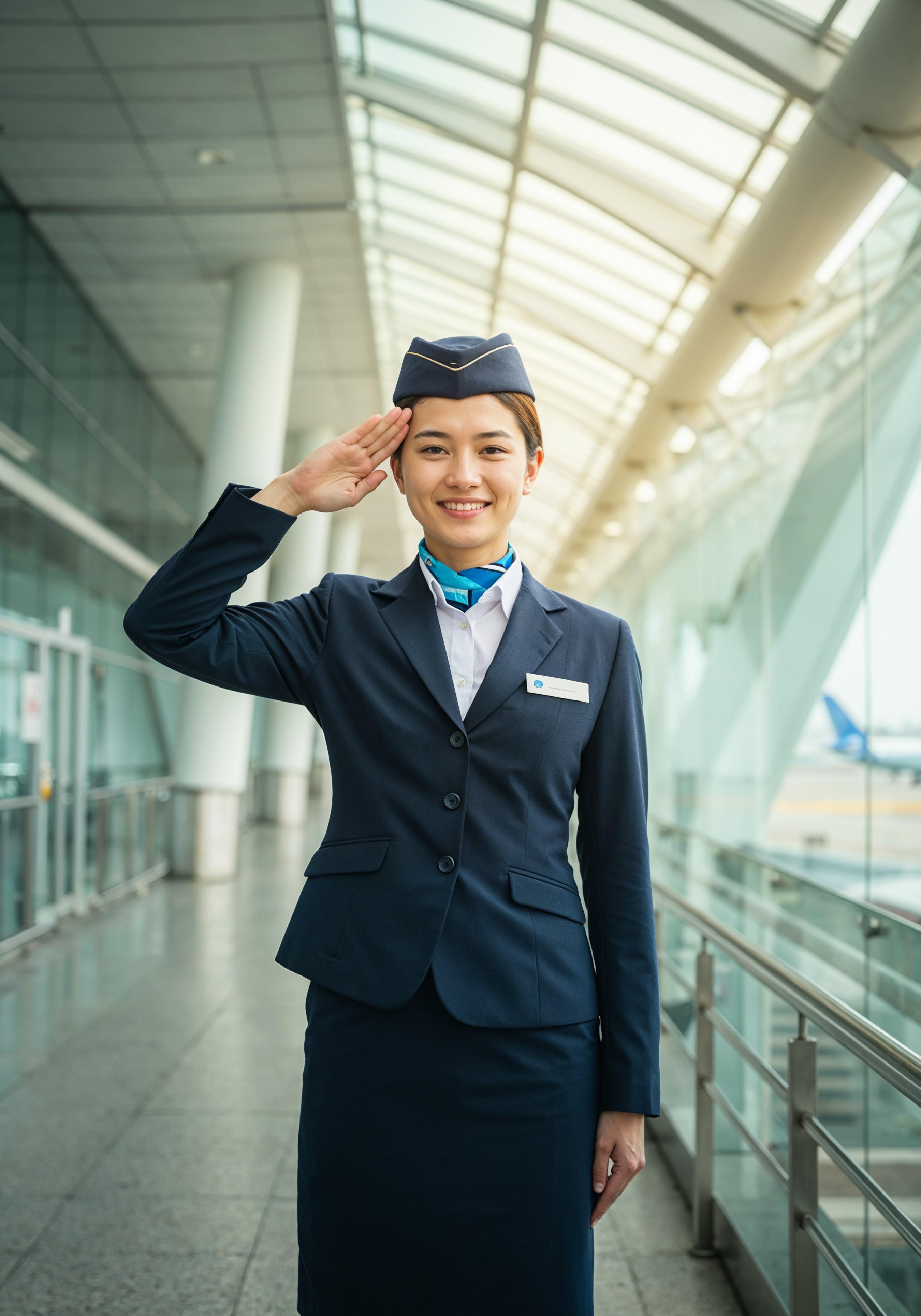 Professional Female Flight Attendant in Airline Uniform at Airport and Aircraft