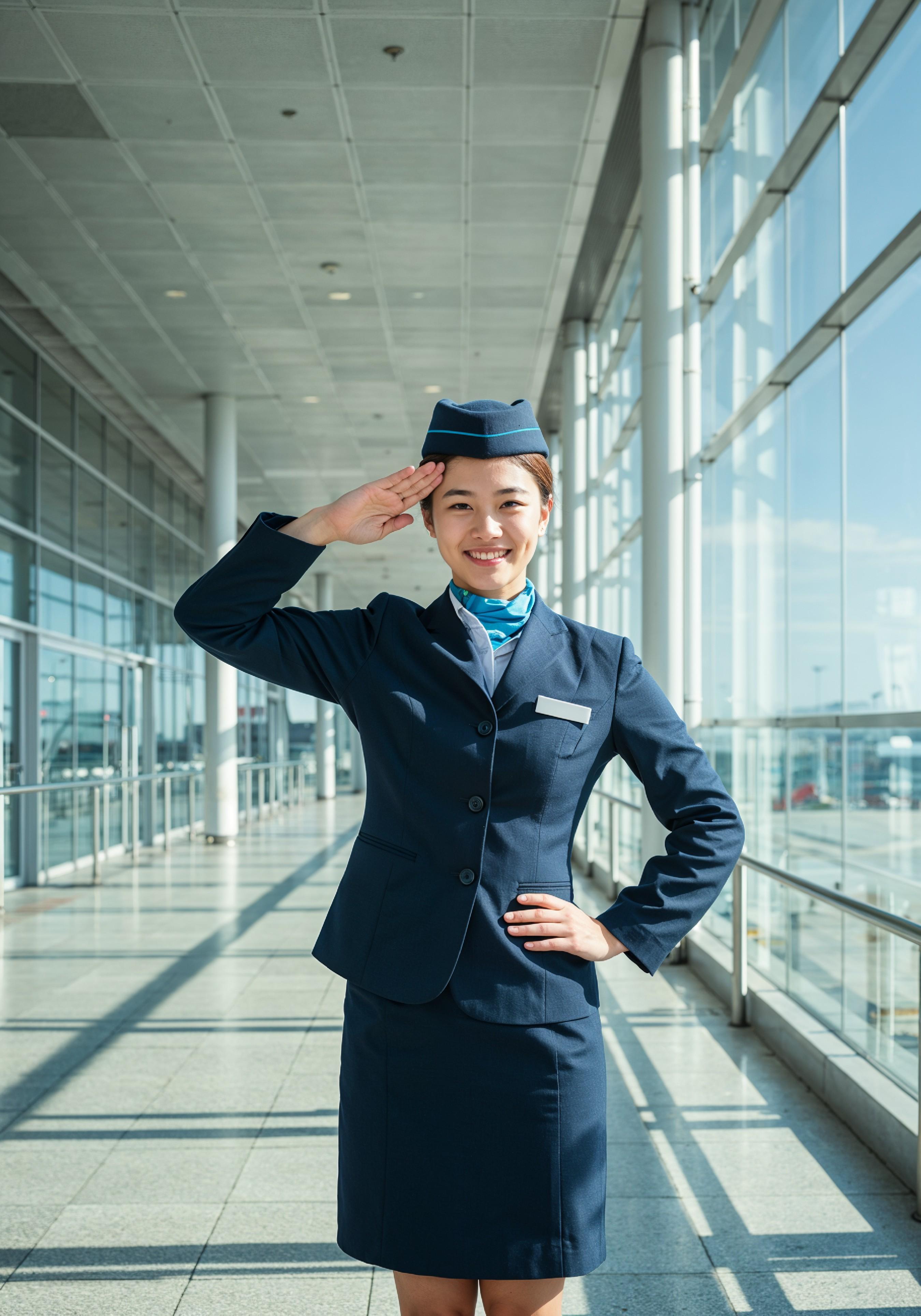 Professional Female Flight Attendant in Airline Uniform at Airport and Aircraft