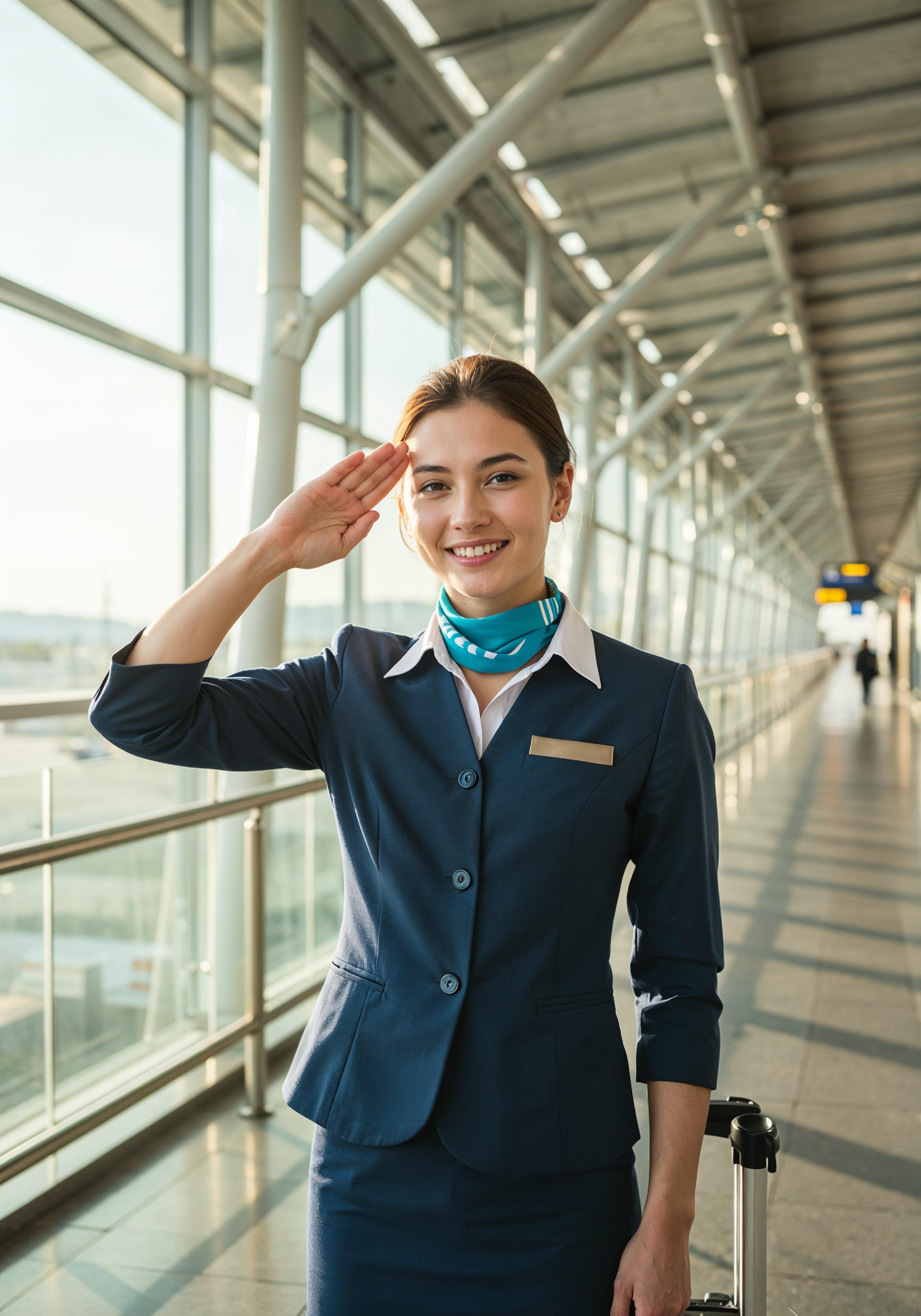 Professional Female Flight Attendant in Airline Uniform at Airport and Aircraft