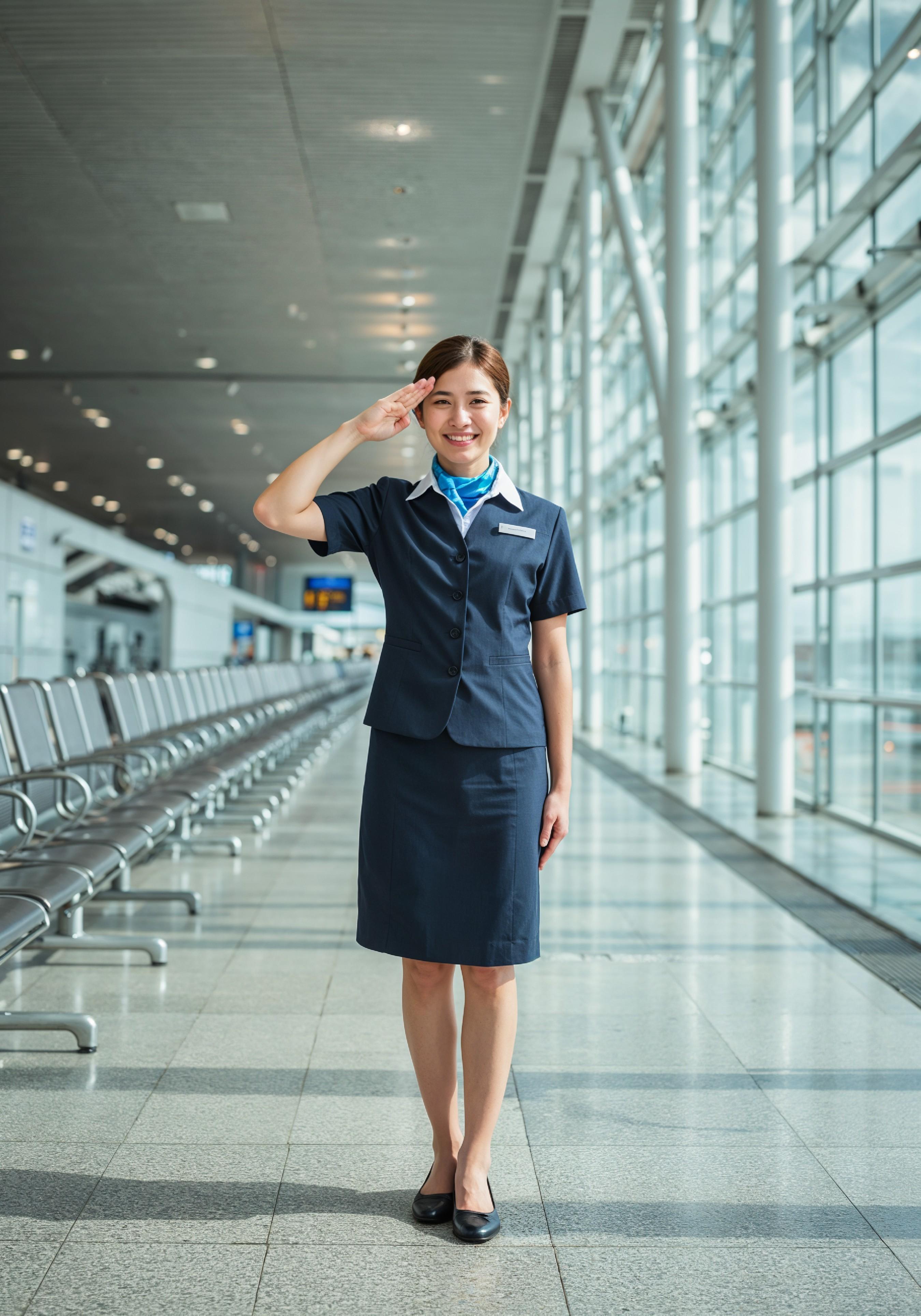 Professional Female Flight Attendant in Airline Uniform at Airport and Aircraft