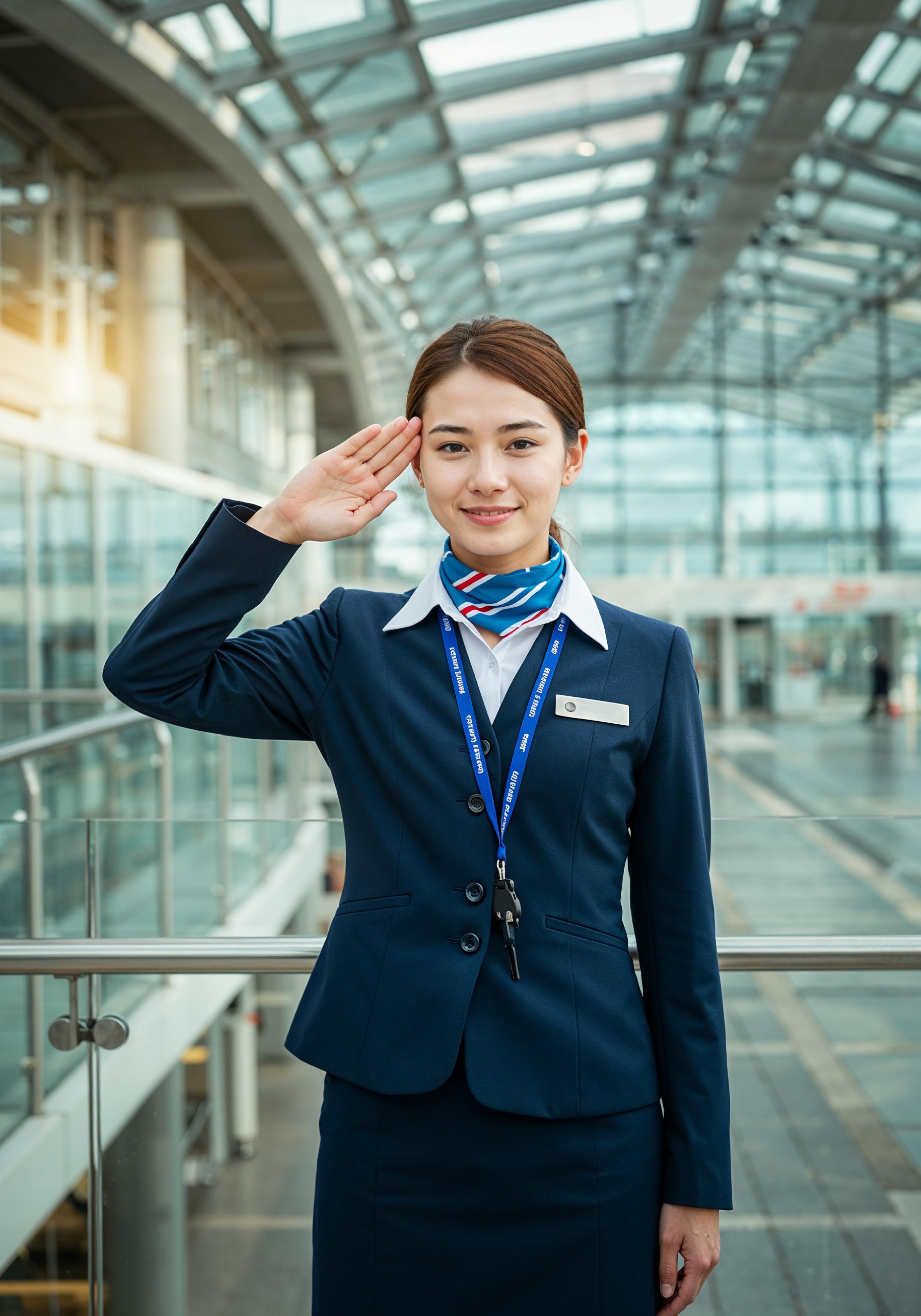 Professional Female Flight Attendant in Airline Uniform at Airport and Aircraft