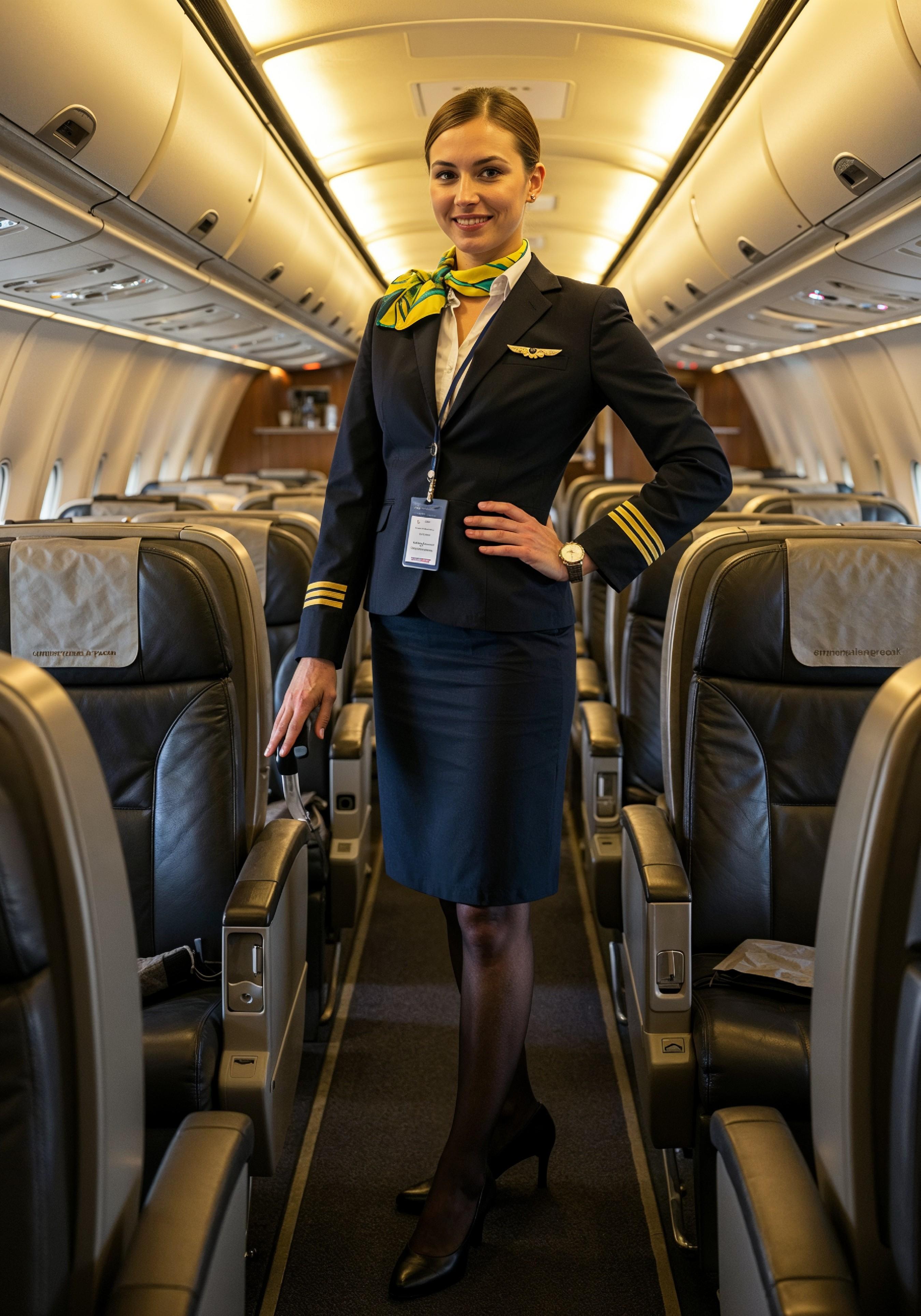 Professional Female Flight Attendant in Airline Uniform at Airport and Aircraft