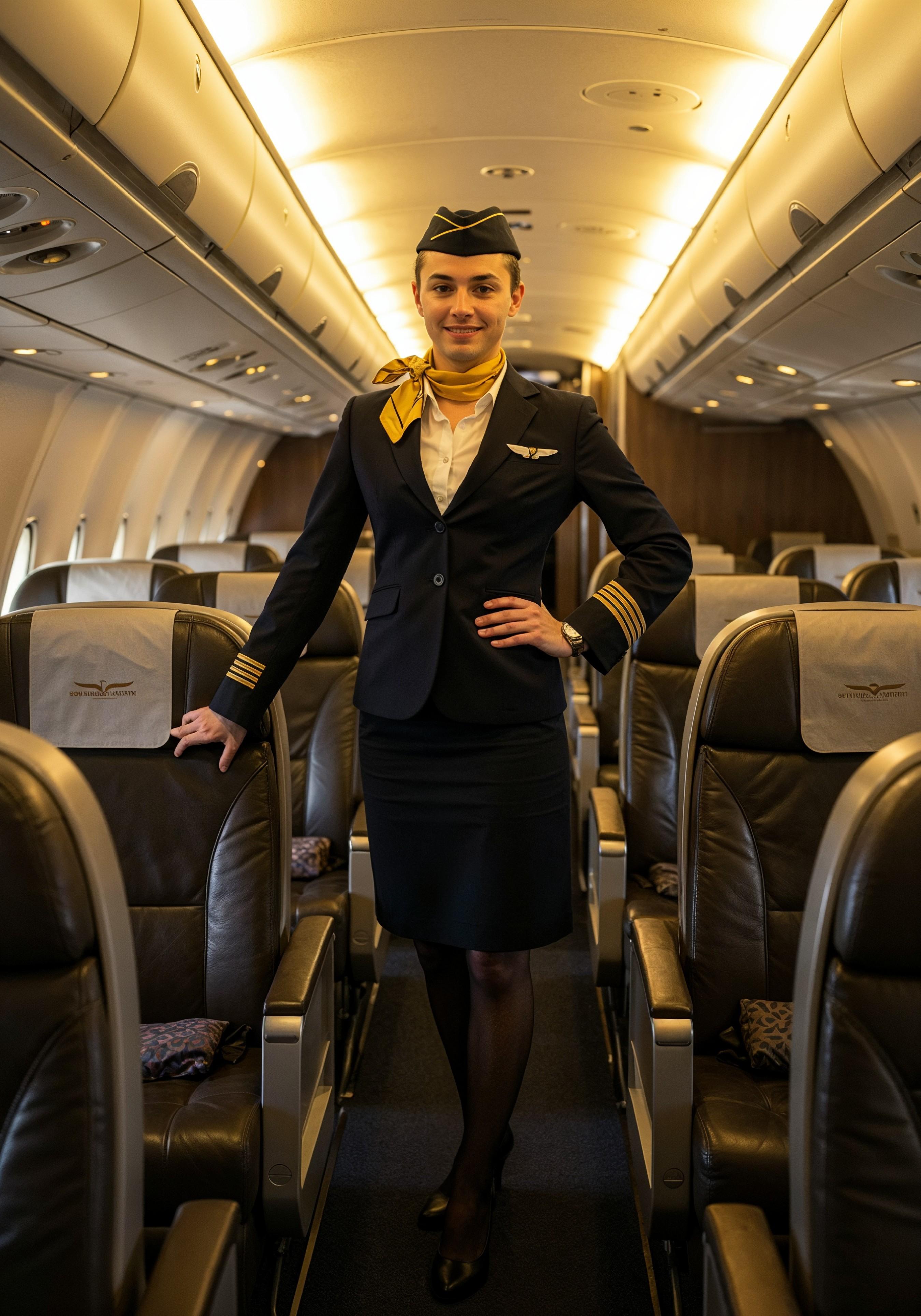 Professional Female Flight Attendant in Airline Uniform at Airport and Aircraft