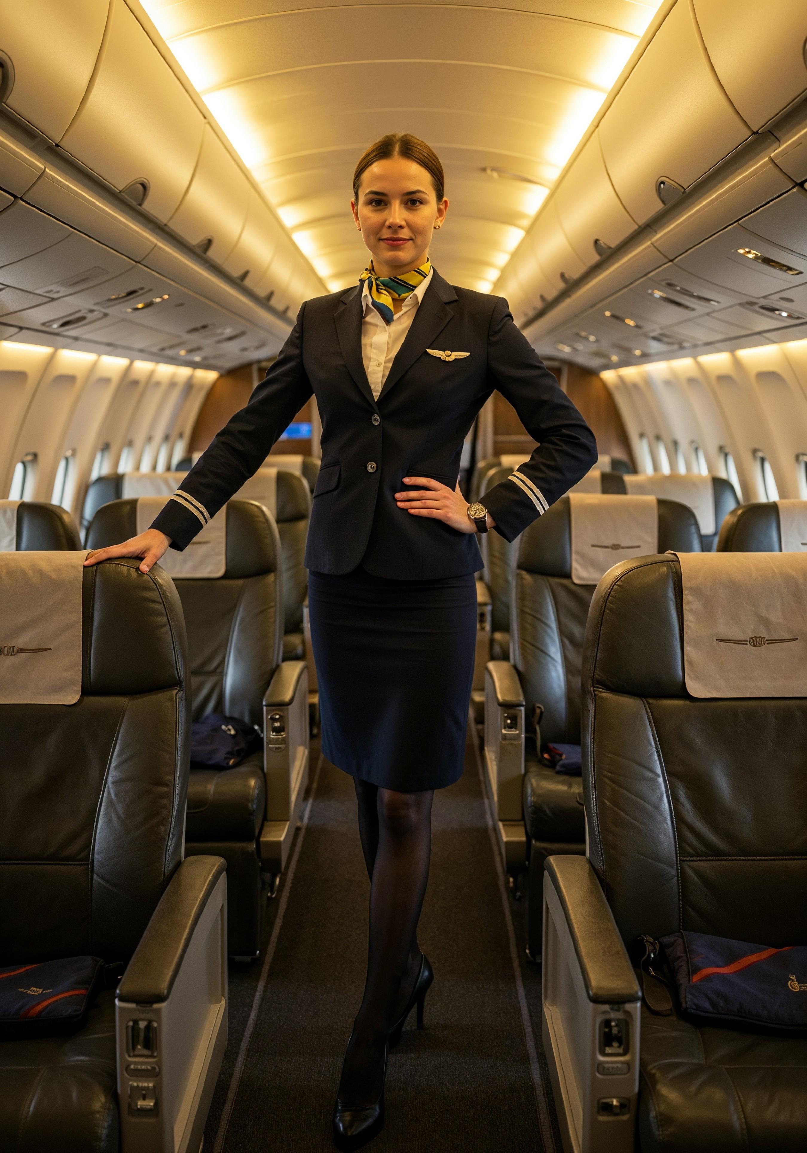 Professional Female Flight Attendant in Airline Uniform at Airport and Aircraft