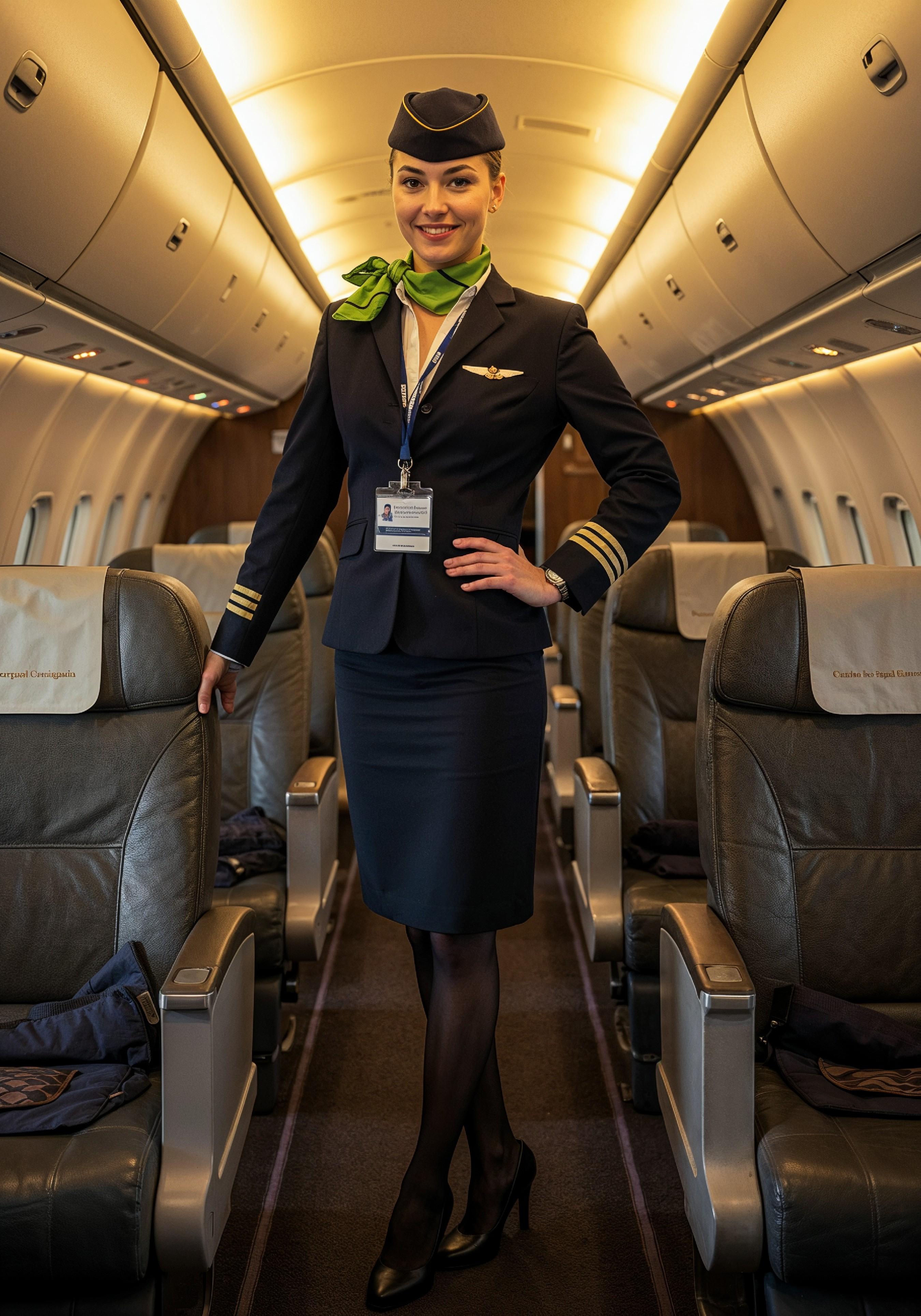 Professional Female Flight Attendant in Airline Uniform at Airport and Aircraft