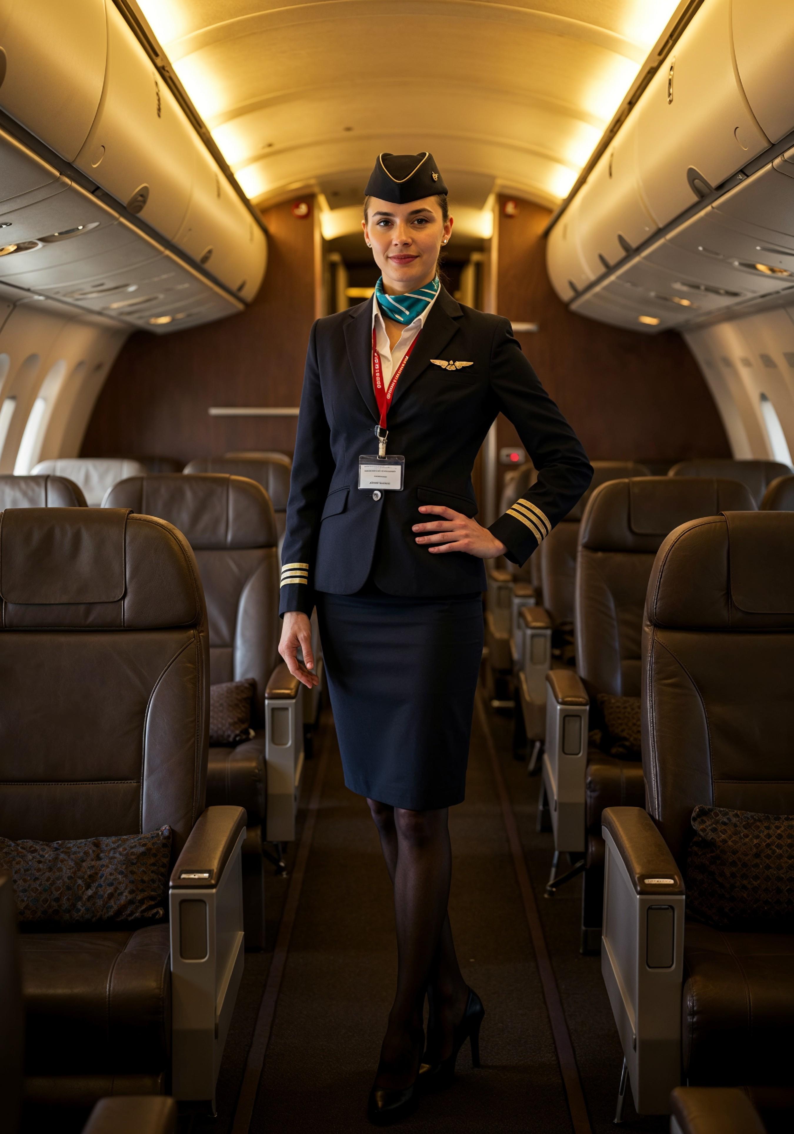 Professional Female Flight Attendant in Airline Uniform at Airport and Aircraft