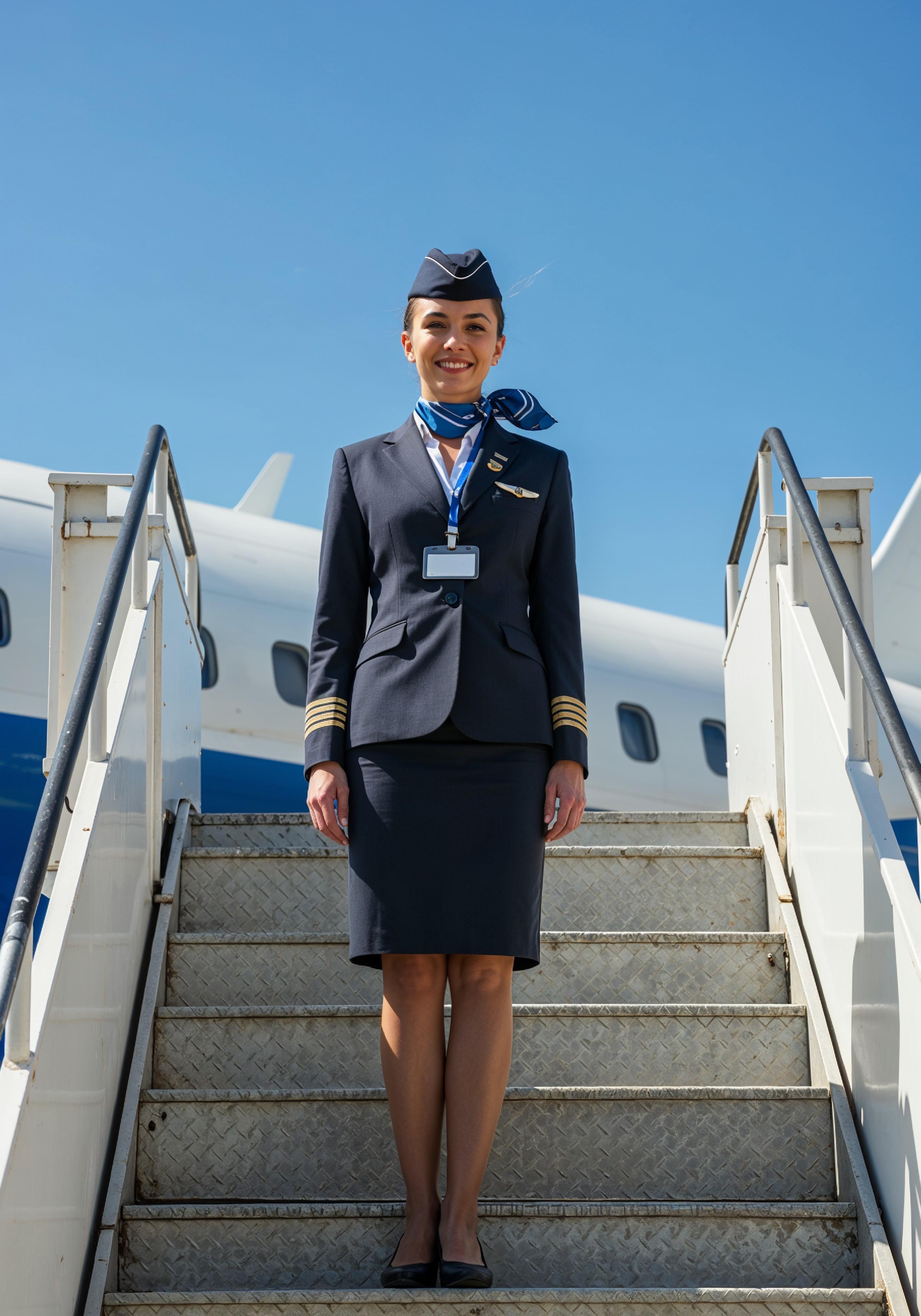 Professional Female Flight Attendant in Airline Uniform at Airport and Aircraft