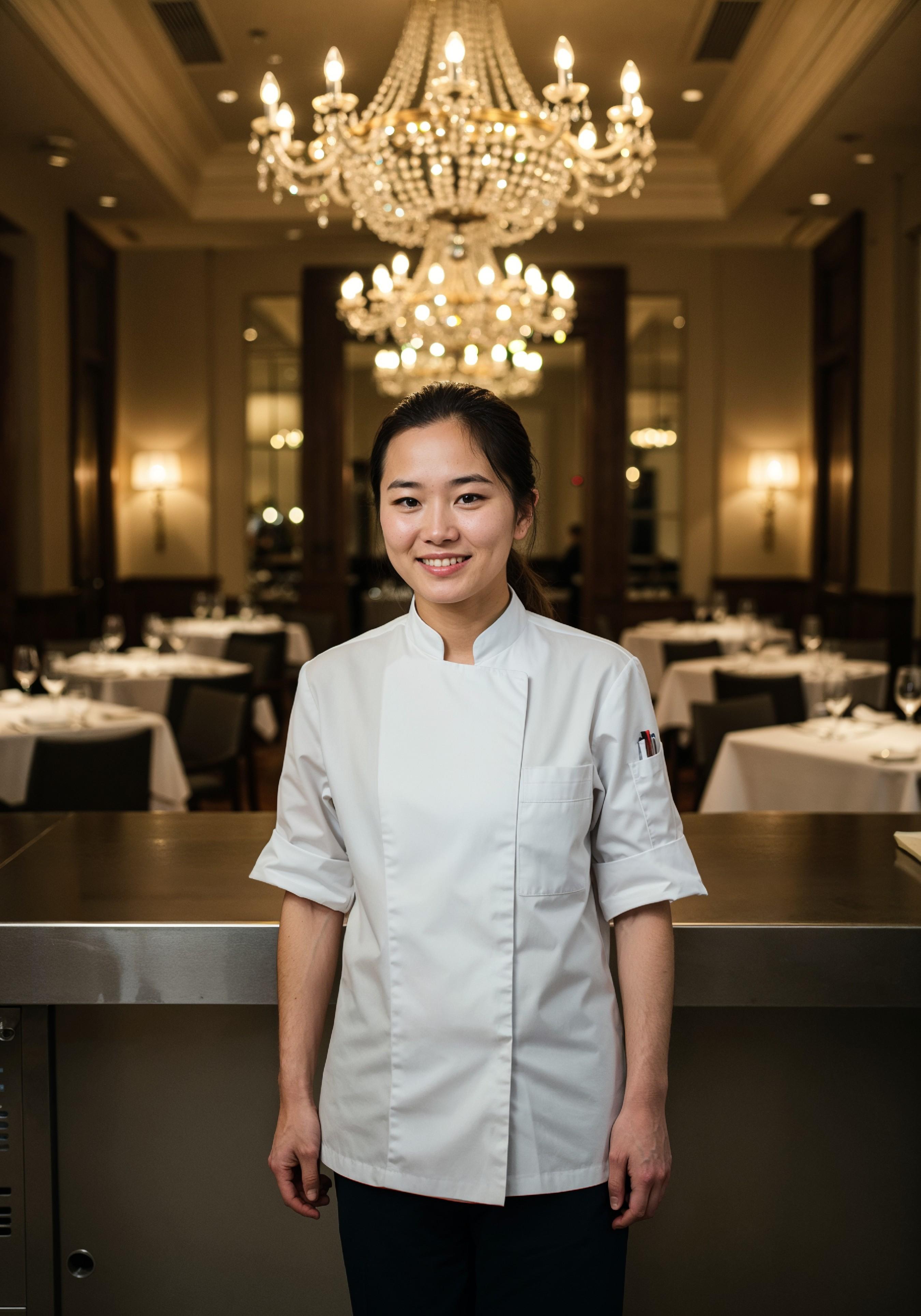 Professional Young Female Chef in Uniform Holding Gourmet Dish in Restaurant Kitchen