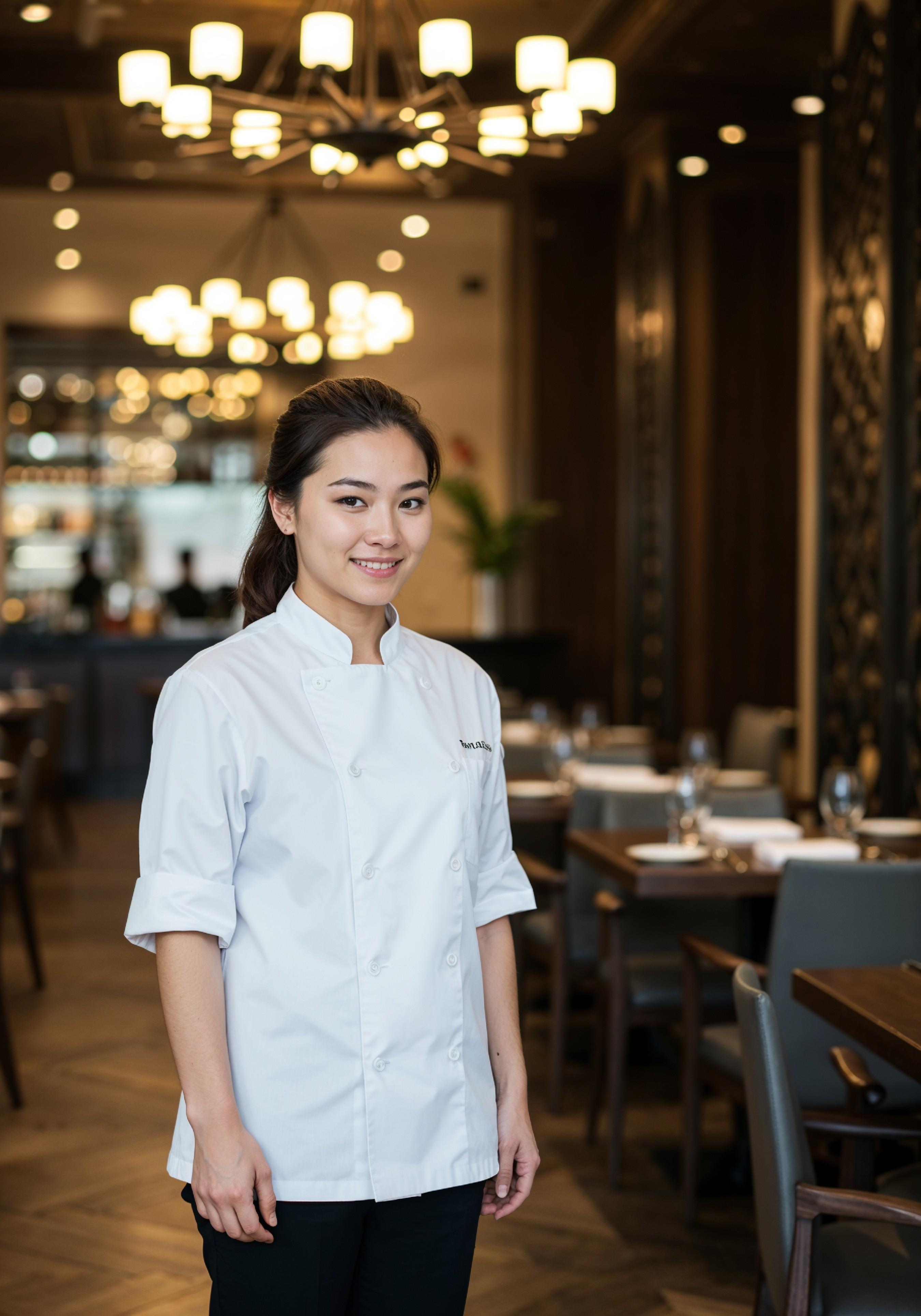 Professional Young Female Chef in Uniform Holding Gourmet Dish in Restaurant Kitchen