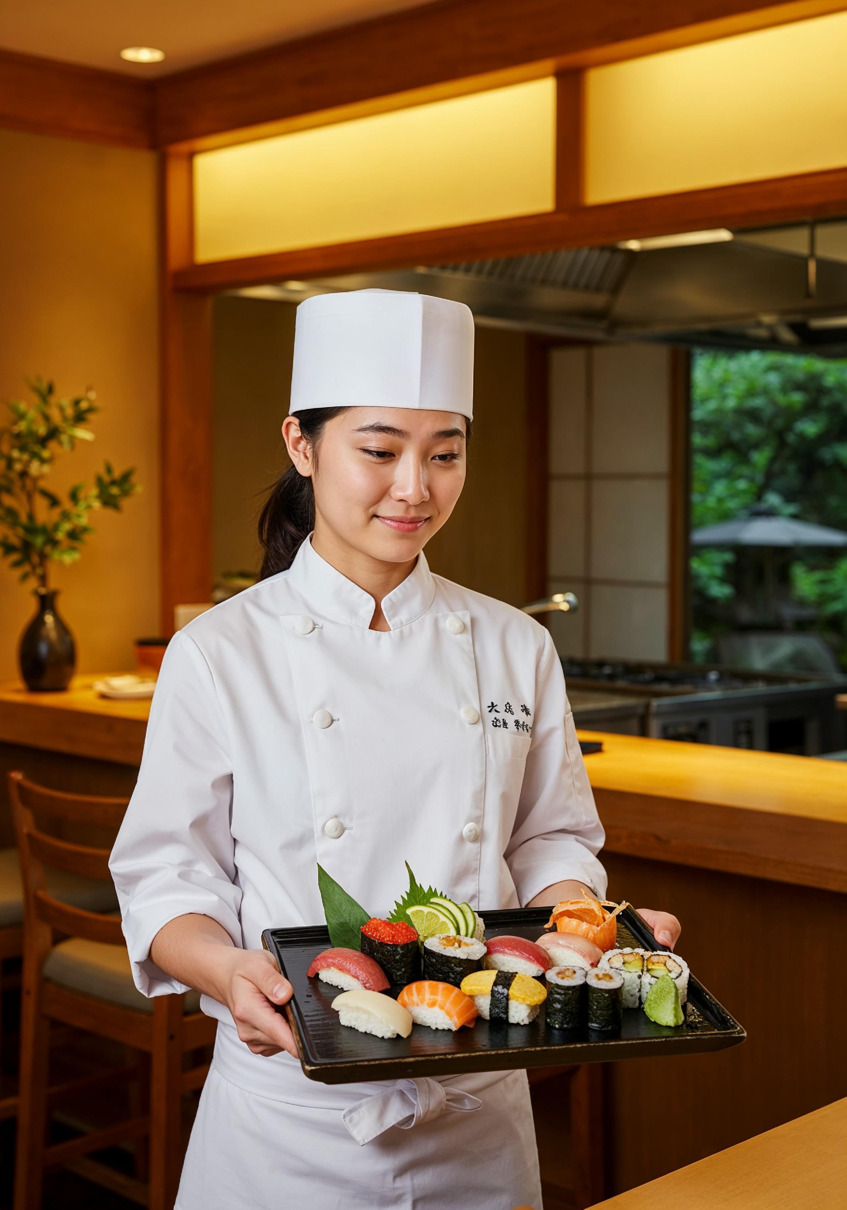 Professional Young Female Chef in Uniform Holding Gourmet Dish in Restaurant Kitchen