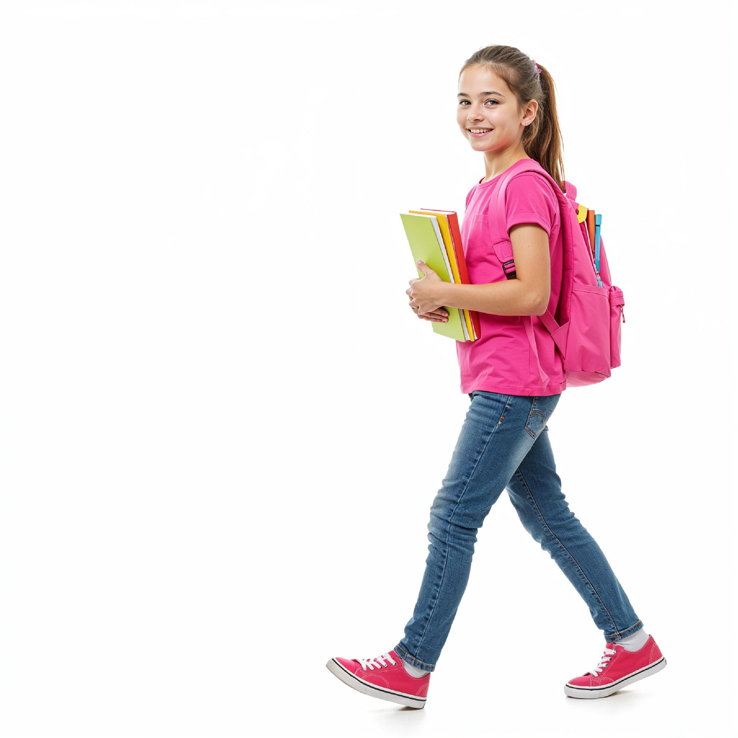 School Girl Walking with Backpack Isolated on White Background Education and Childhood Concept