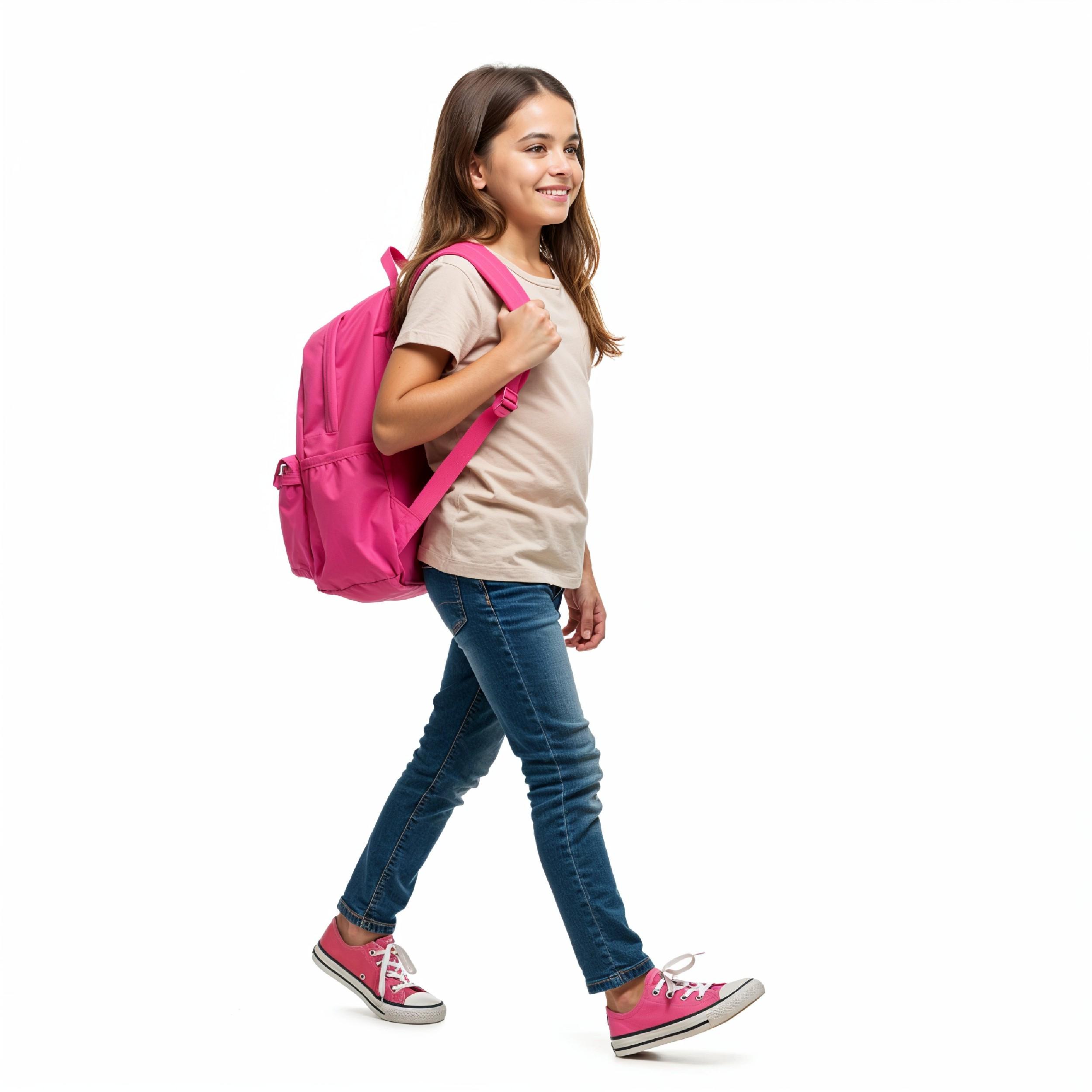 School Girl Walking with Backpack Isolated on White Background Education and Childhood Concept