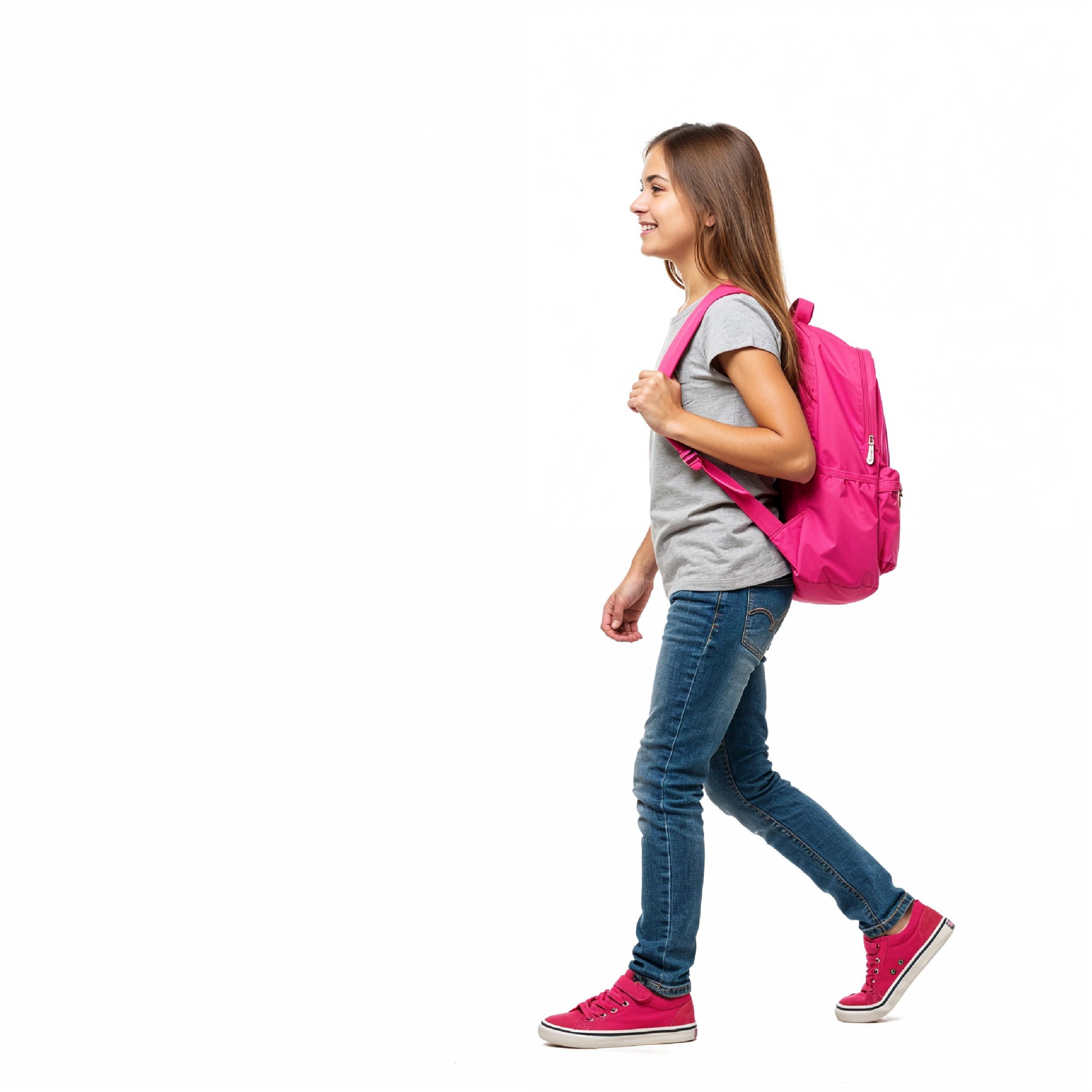 School Girl Walking with Backpack Isolated on White Background Education and Childhood Concept