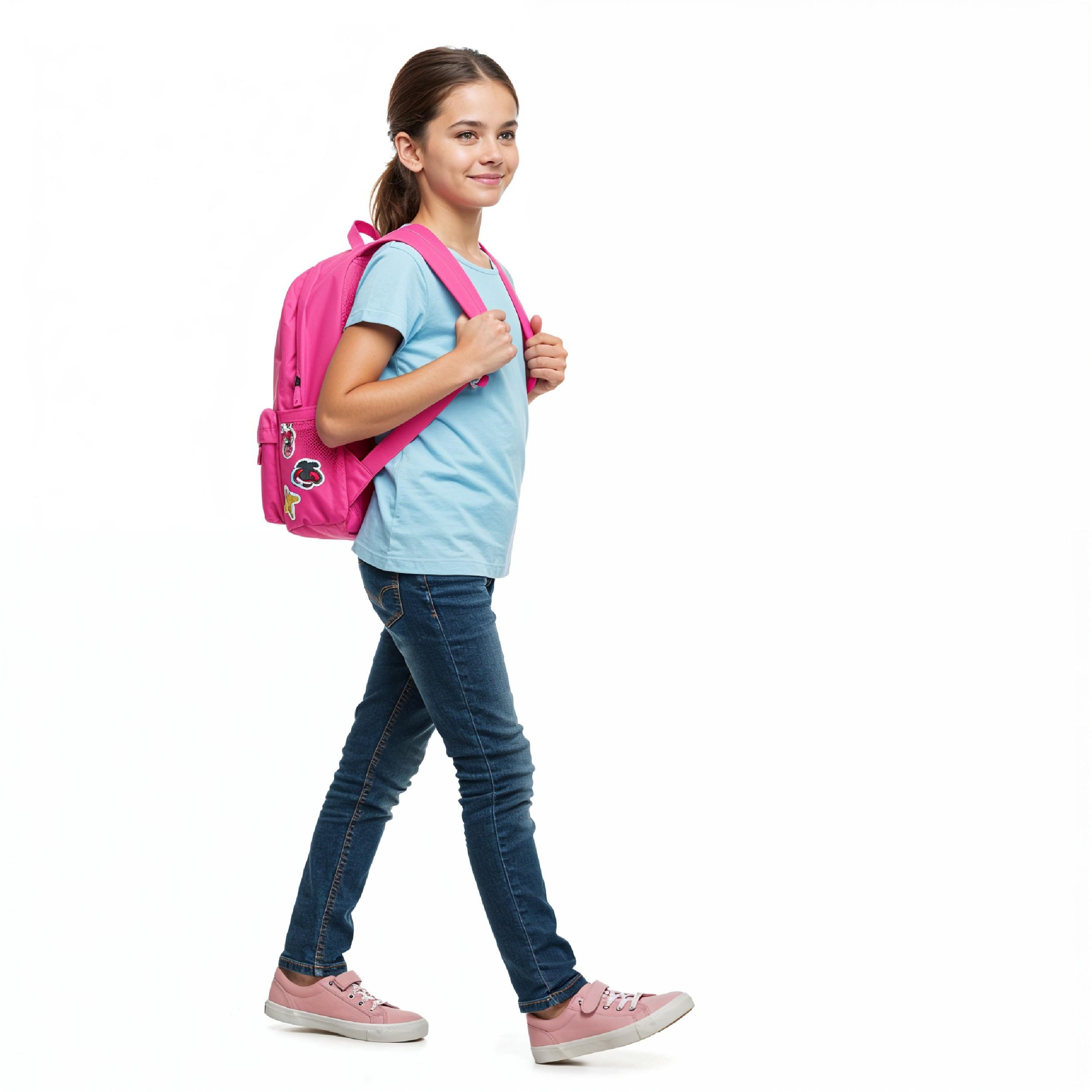 School Girl Walking with Backpack Isolated on White Background Education and Childhood Concept