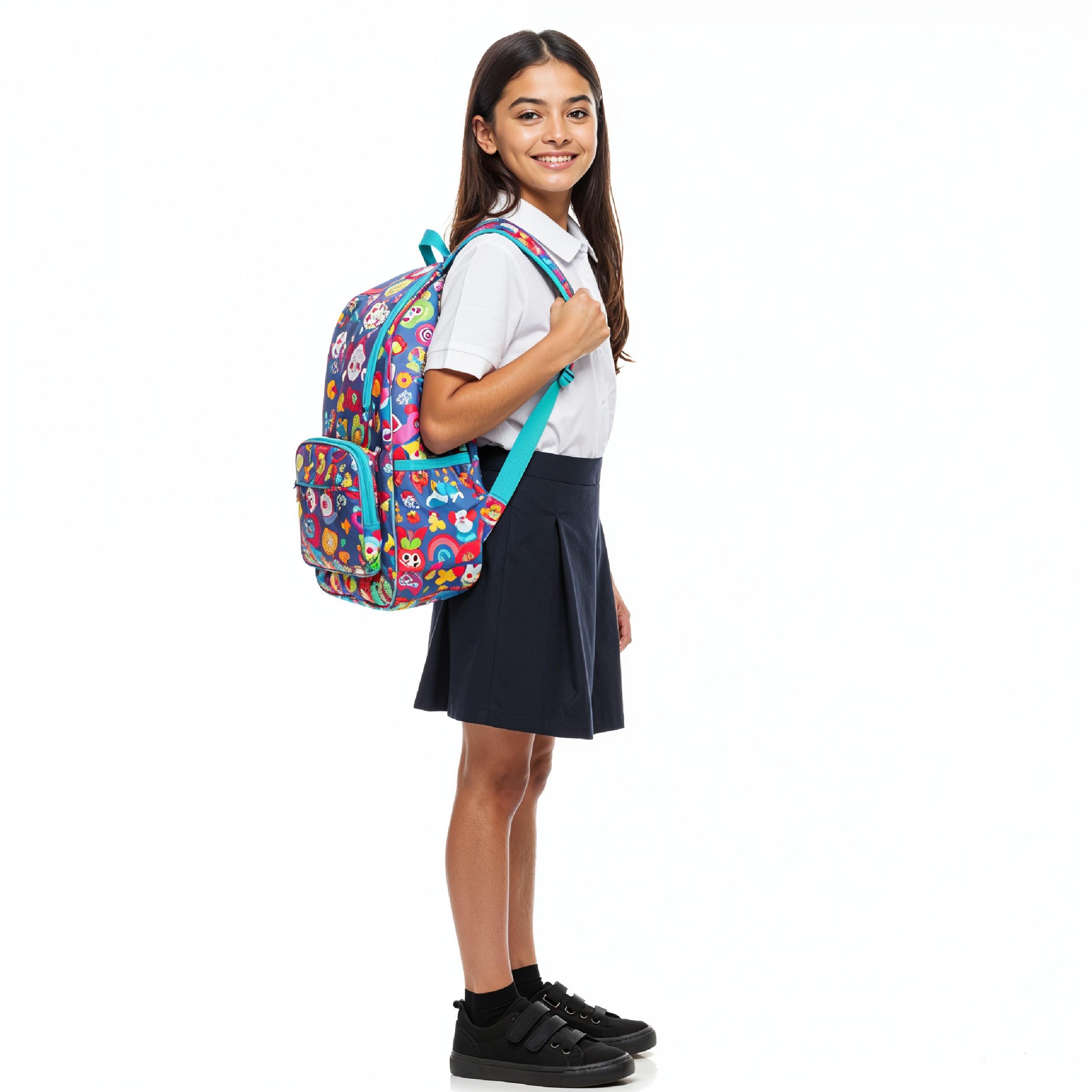 Smiling School Girl with Colorful Backpack Standing in School Uniform Studio Portrait