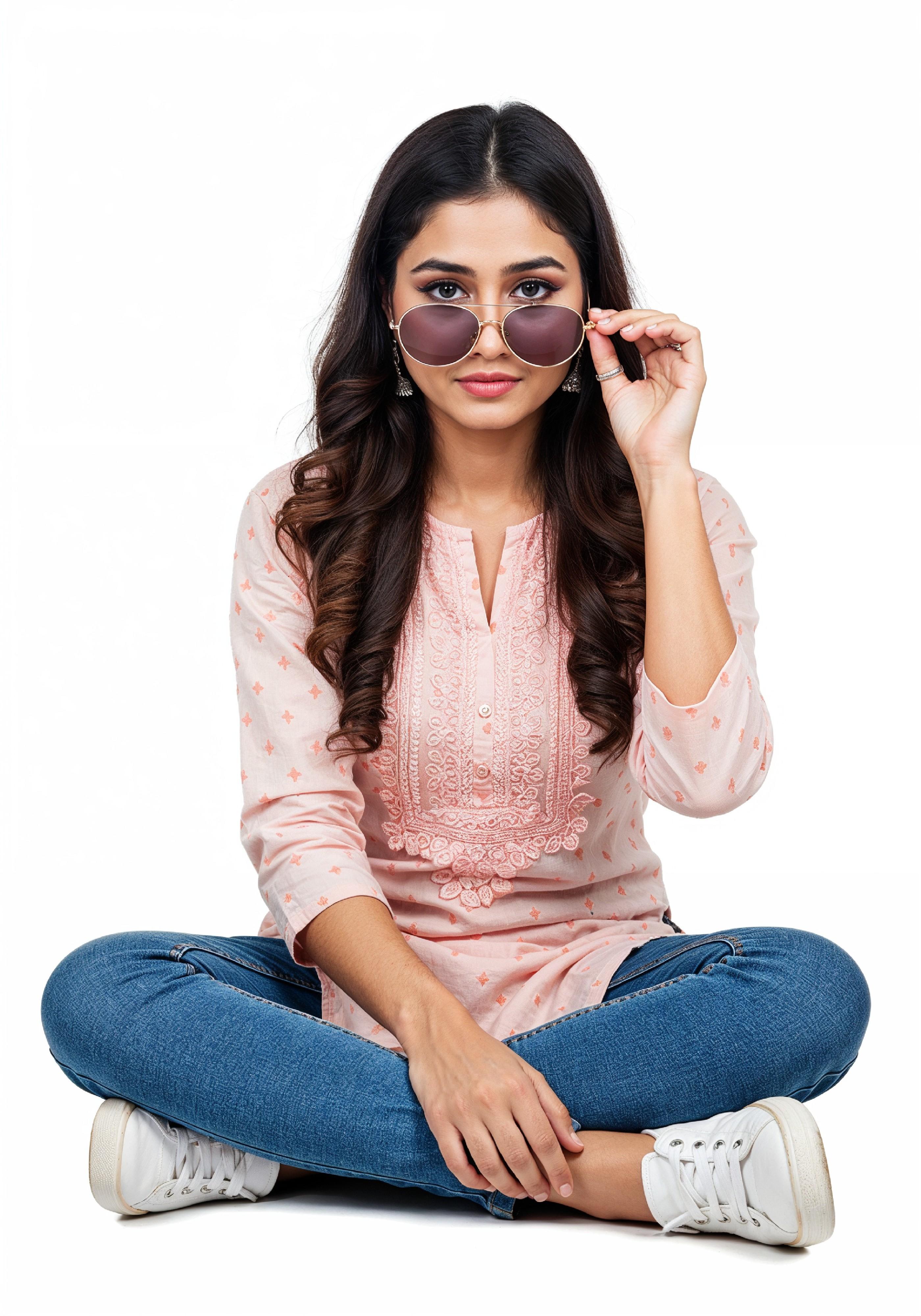 Smiling Young Woman Sitting Cross Legged Wearing Sunglasses Casual Lifestyle Portrait