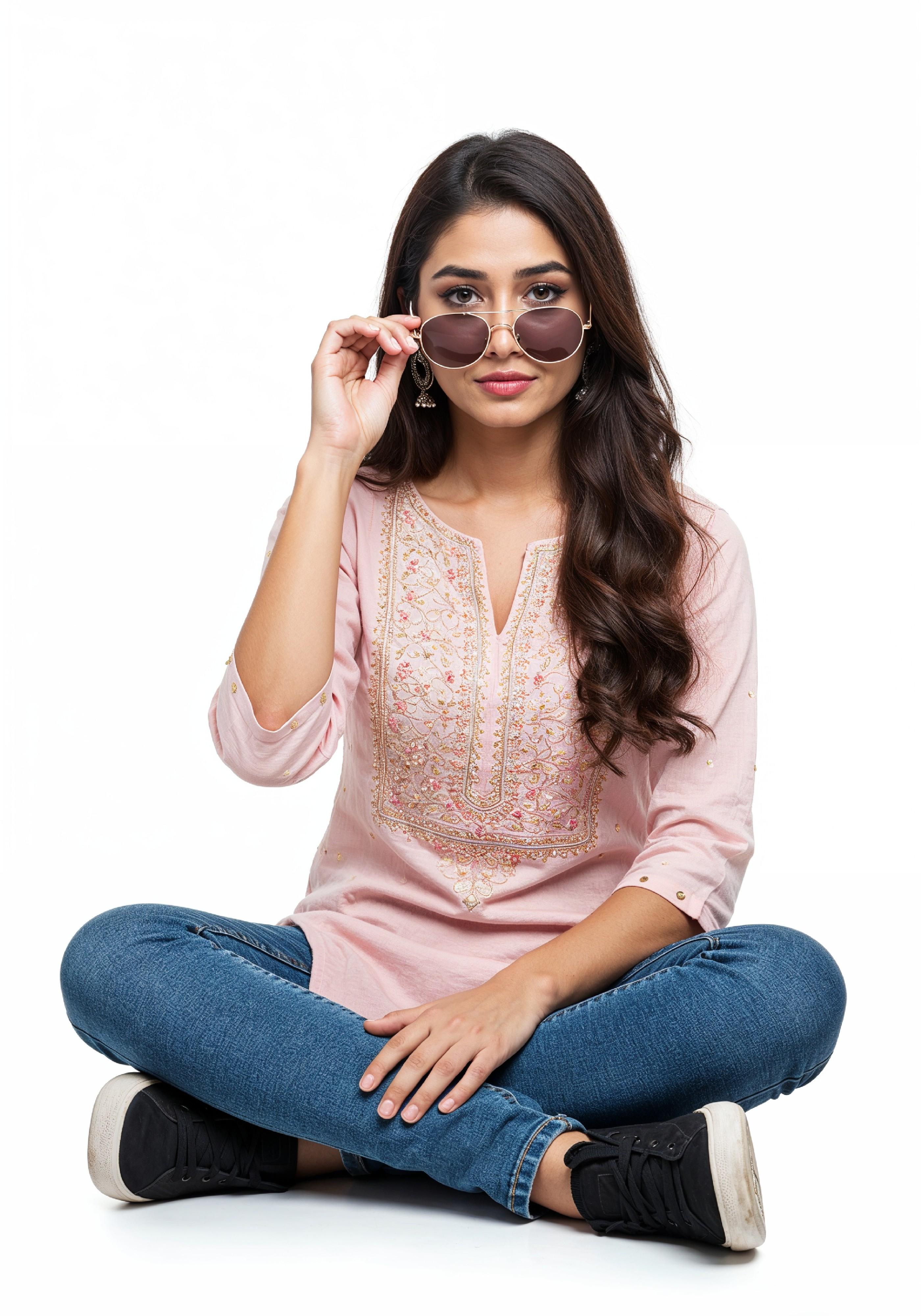 Smiling Young Woman Sitting Cross Legged Wearing Sunglasses Casual Lifestyle Portrait