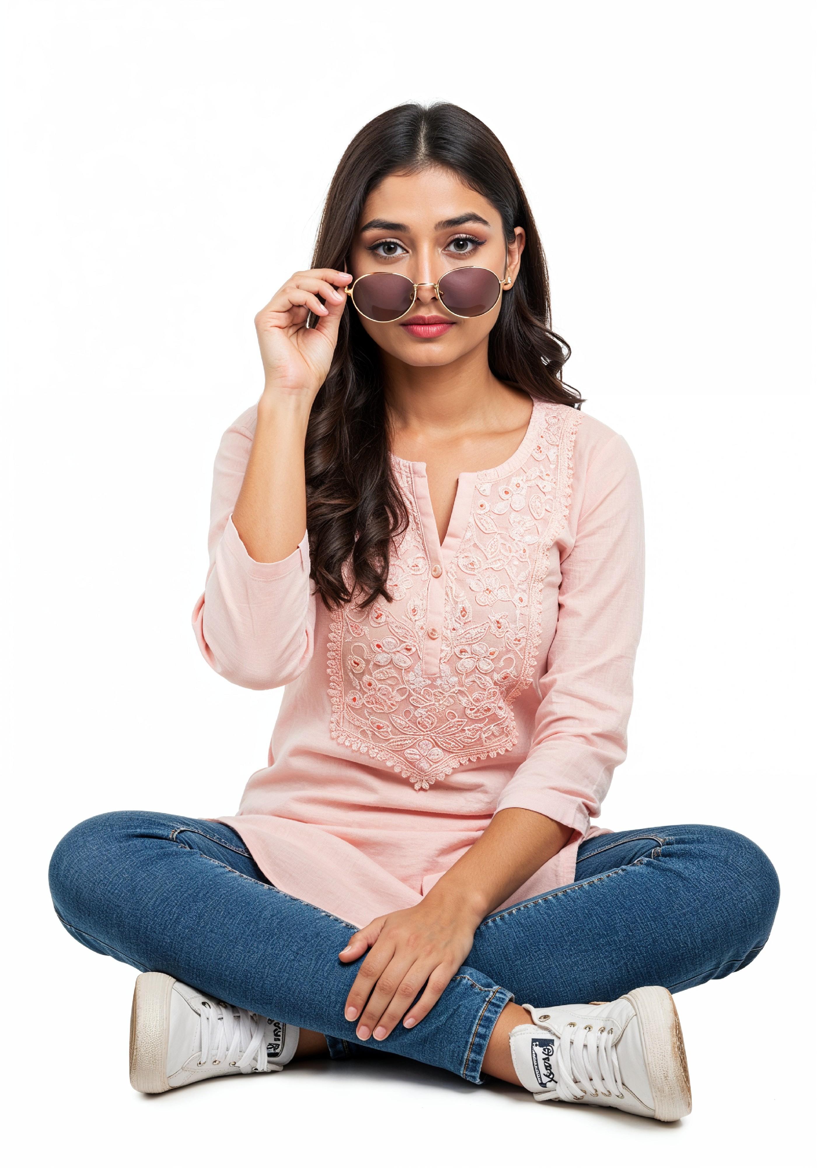 Smiling Young Woman Sitting Cross Legged Wearing Sunglasses Casual Lifestyle Portrait