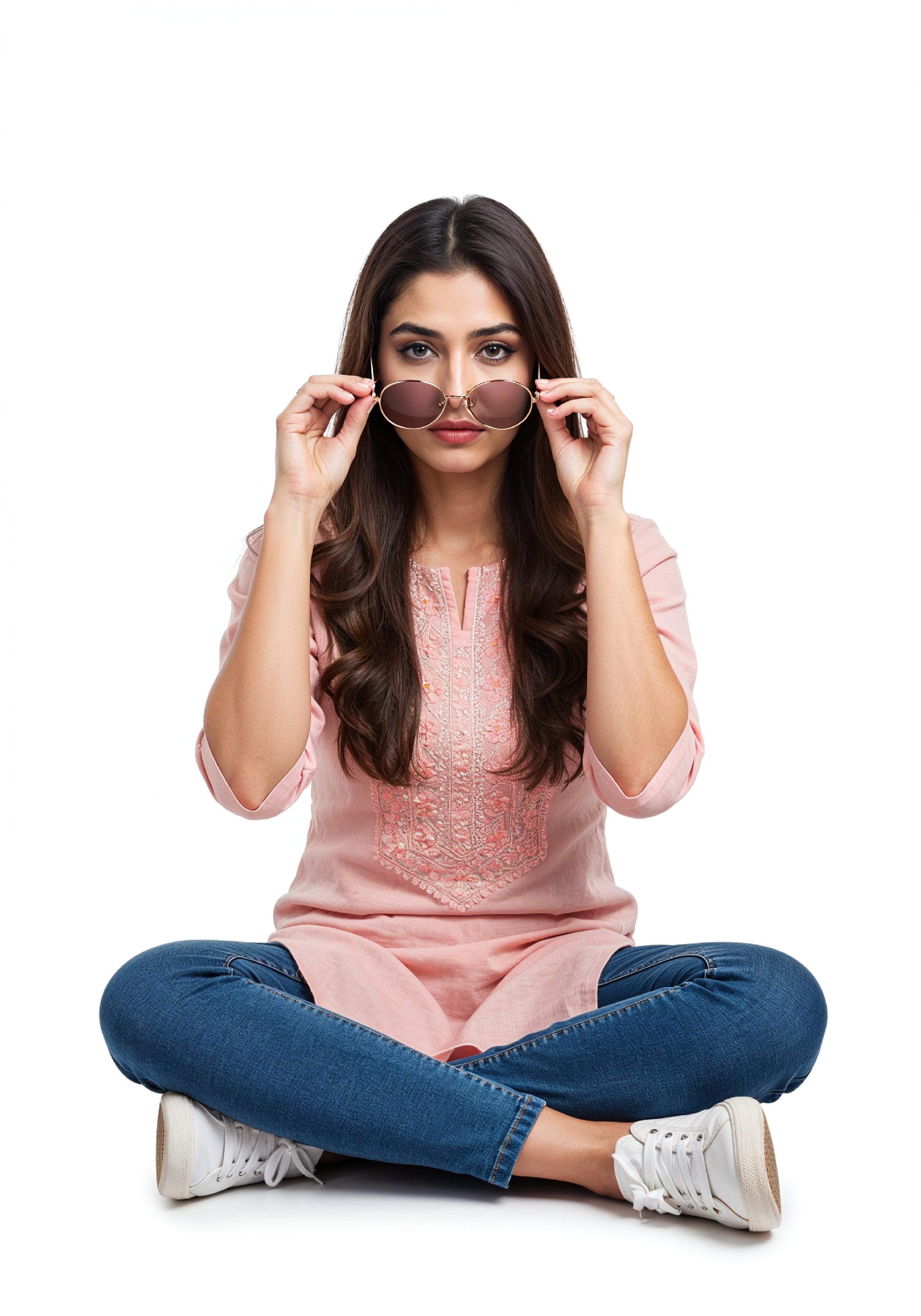 Smiling Young Woman Sitting Cross Legged Wearing Sunglasses Casual Lifestyle Portrait