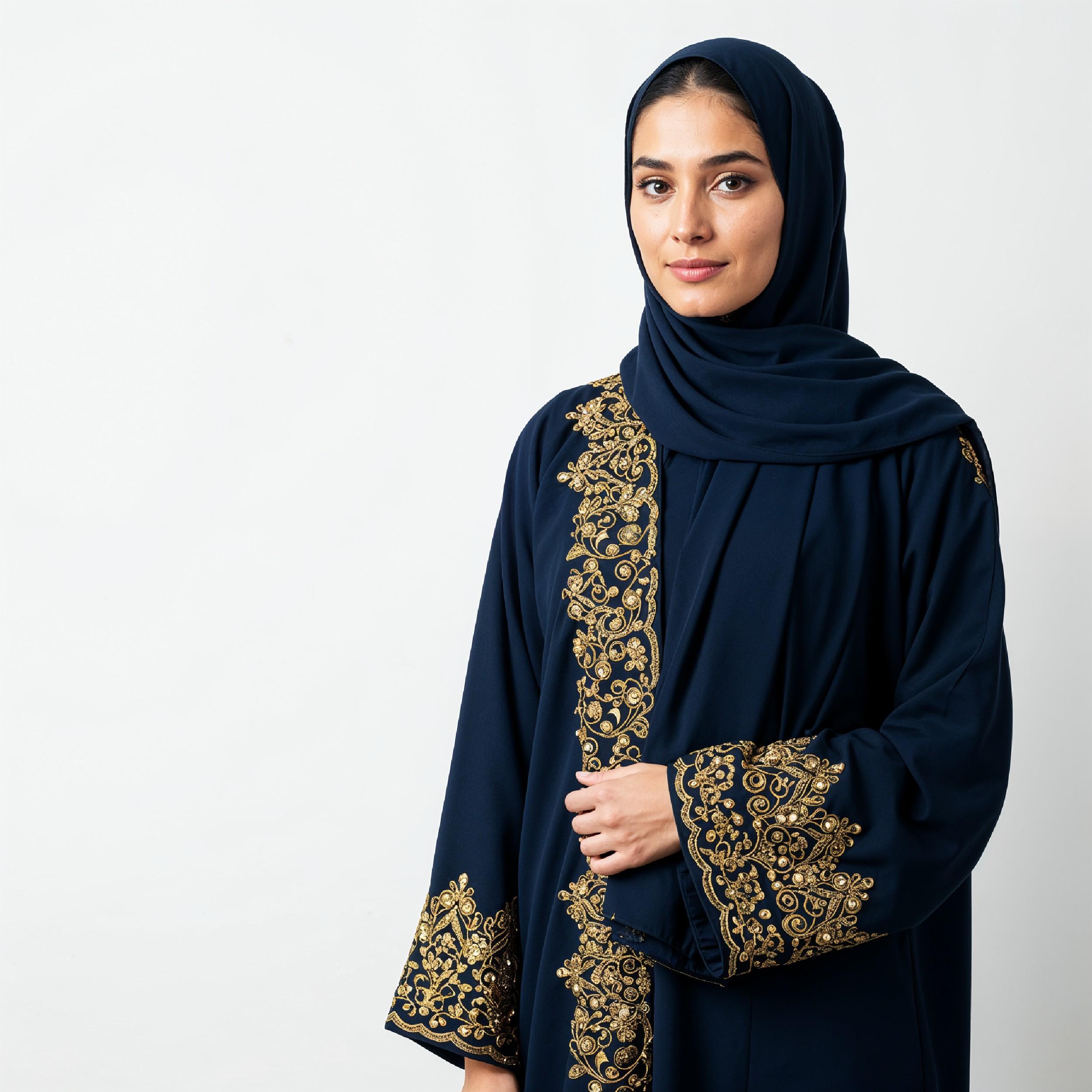 Stylish Young Muslim Woman in Dark Blue Hijab and Embroidered Traditional Abaya Portrait