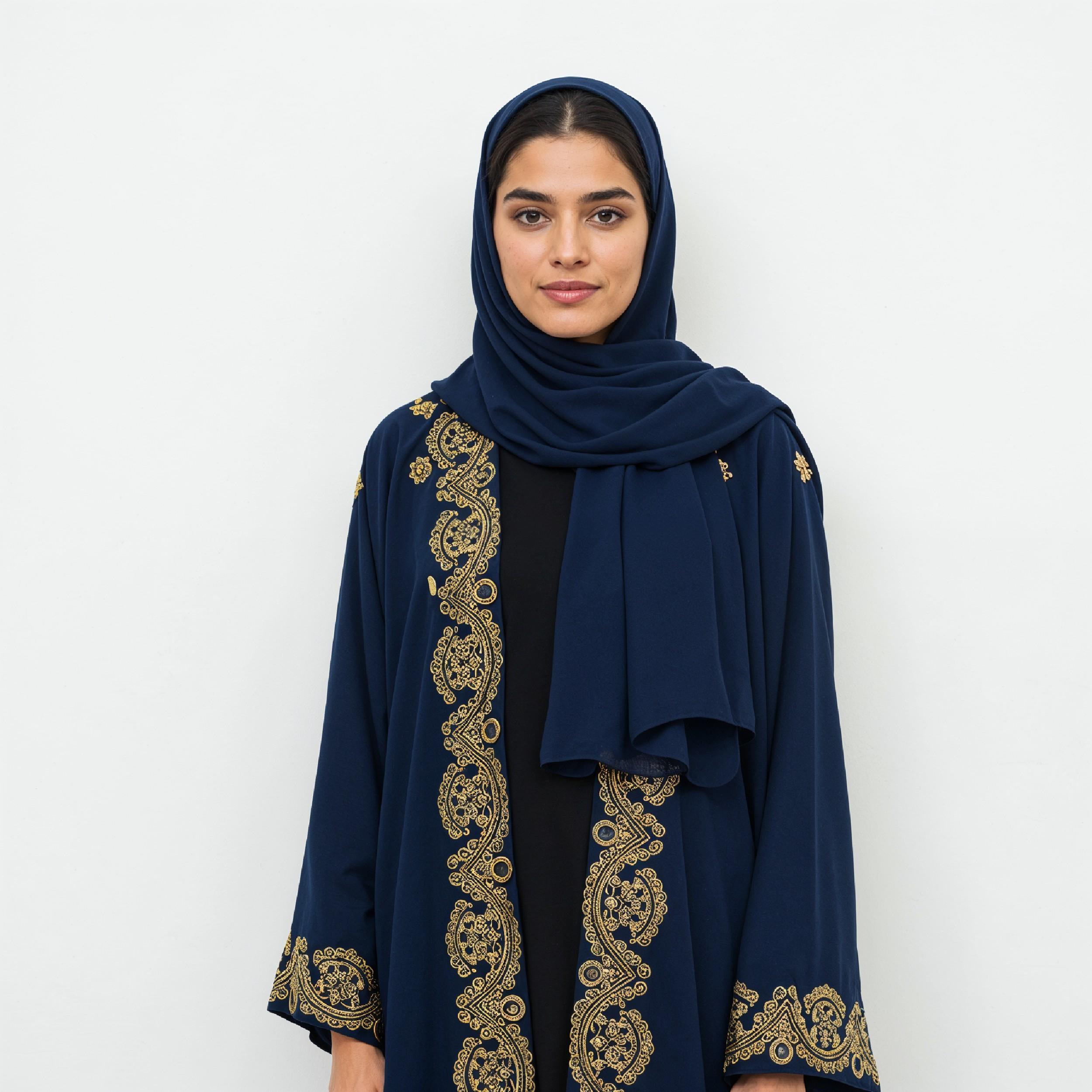 Stylish Young Muslim Woman in Dark Blue Hijab and Embroidered Traditional Abaya Portrait
