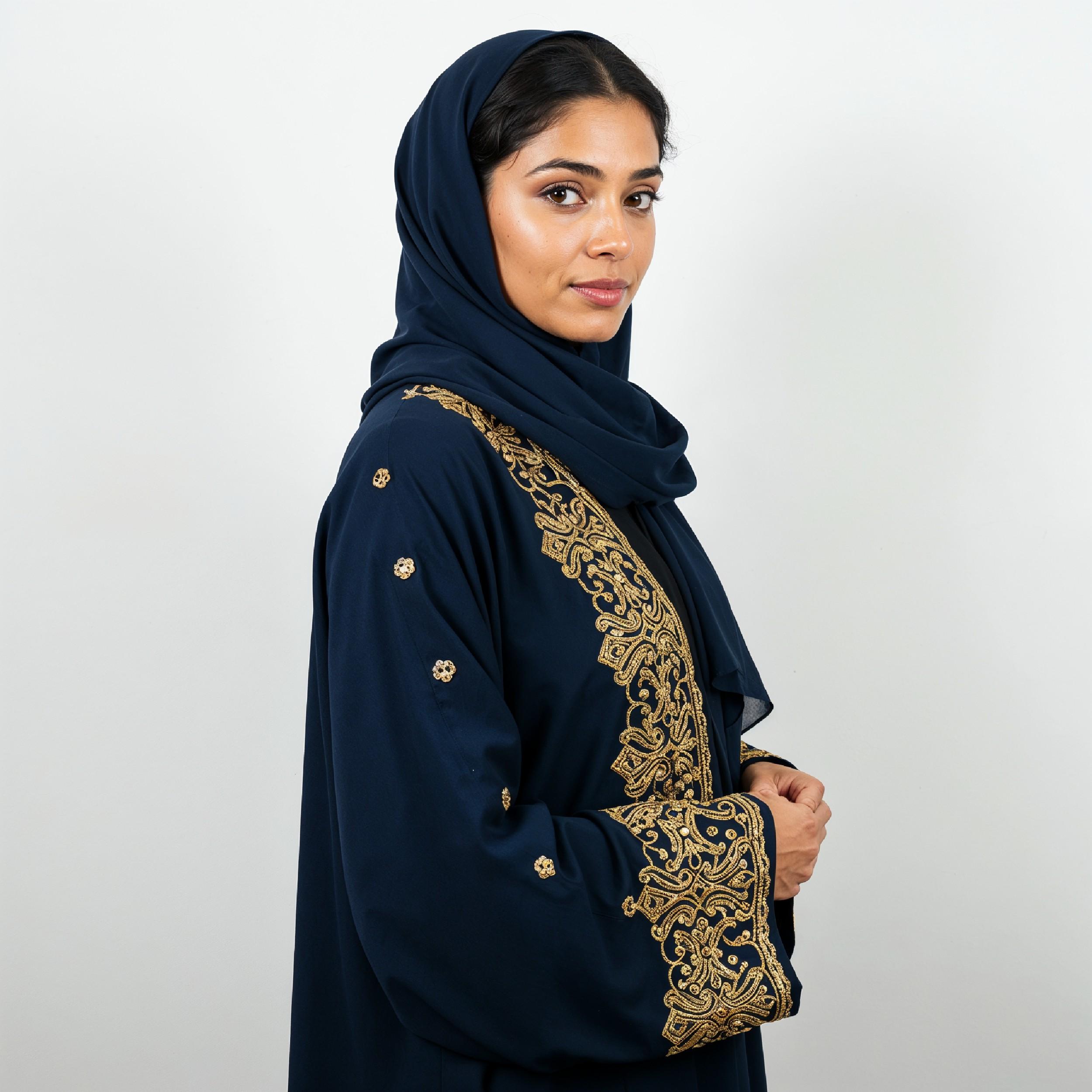 Stylish Young Muslim Woman in Dark Blue Hijab and Embroidered Traditional Abaya Portrait