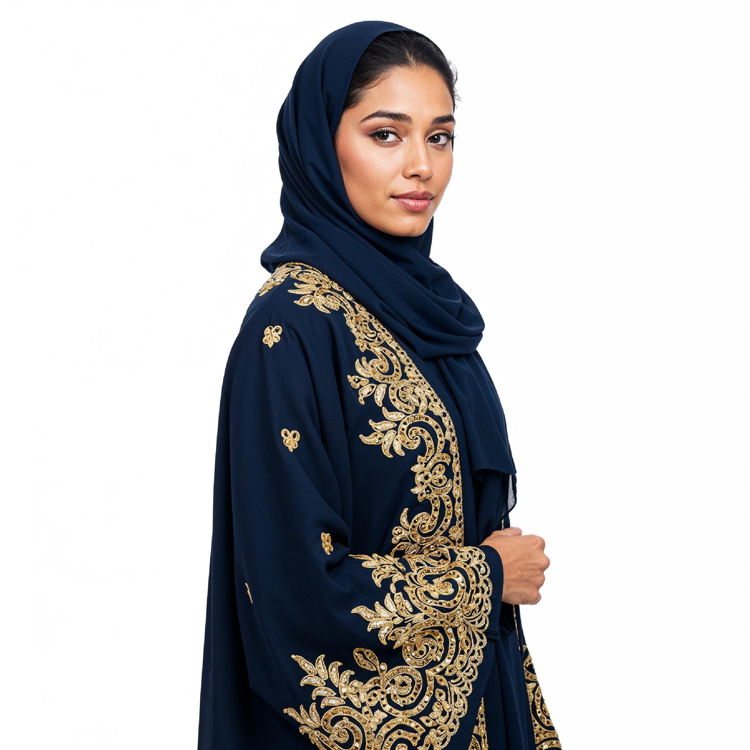 Stylish Young Muslim Woman in Dark Blue Hijab and Embroidered Traditional Abaya Portrait