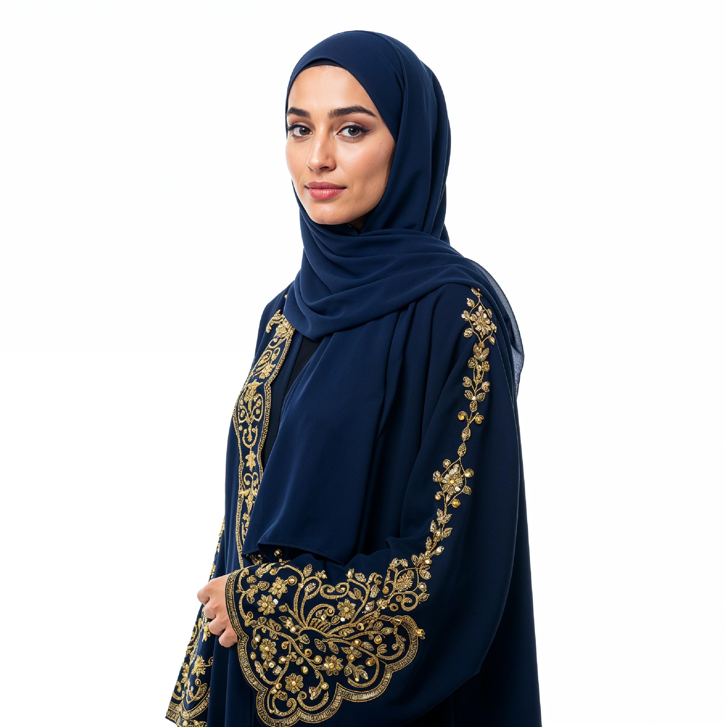 Stylish Young Muslim Woman in Dark Blue Hijab and Embroidered Traditional Abaya Portrait