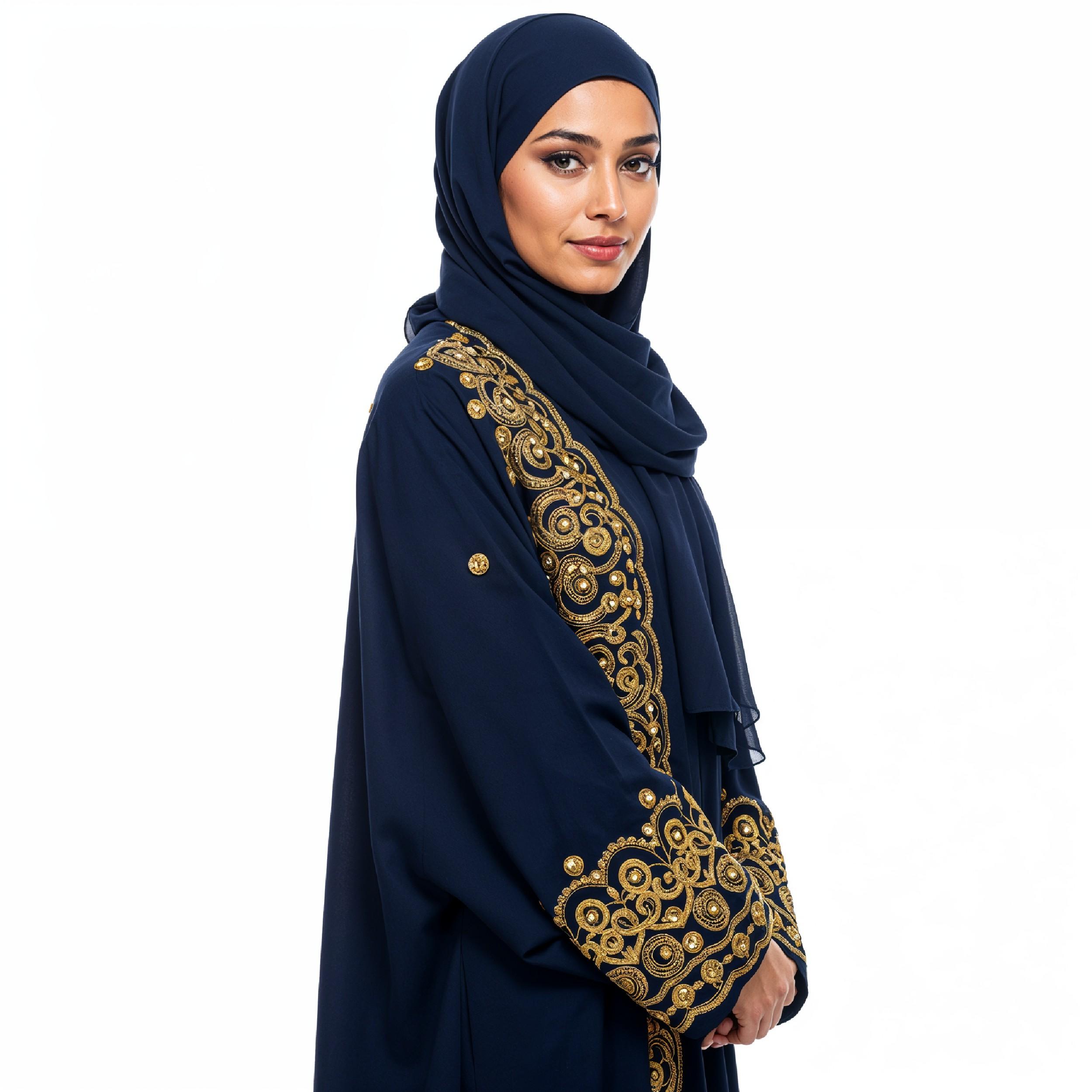 Stylish Young Muslim Woman in Dark Blue Hijab and Embroidered Traditional Abaya Portrait