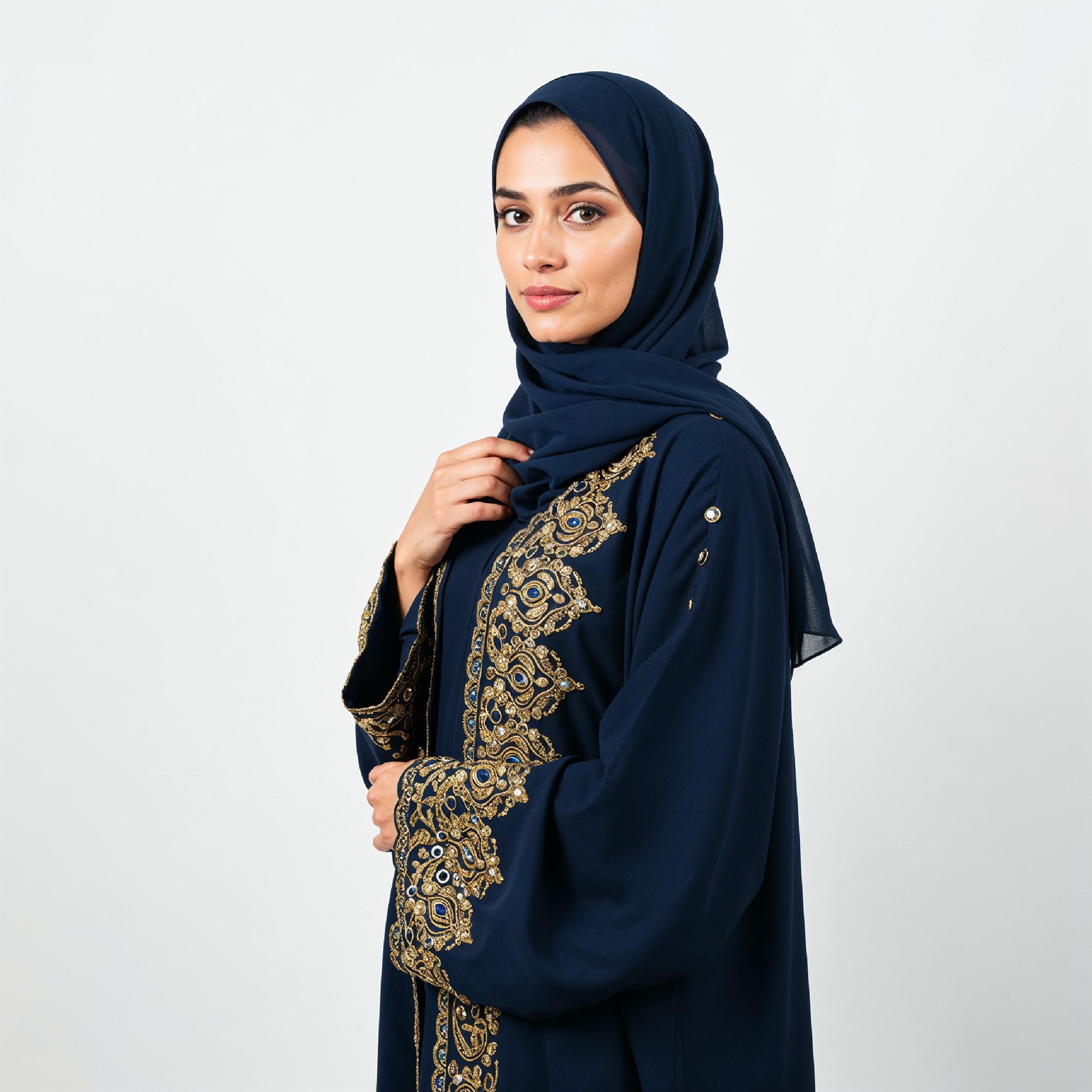 Stylish Young Muslim Woman in Dark Blue Hijab and Embroidered Traditional Abaya Portrait