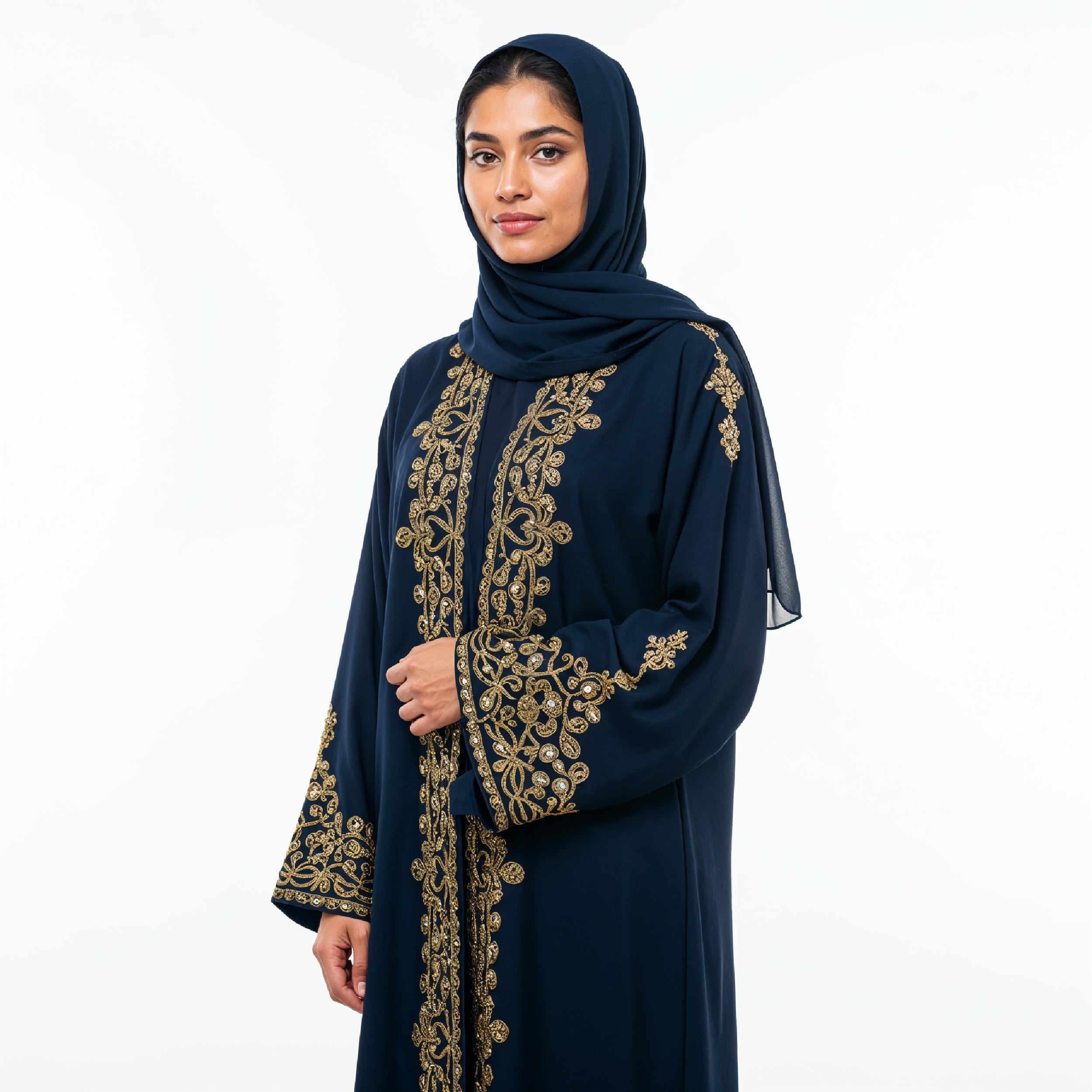 Stylish Young Muslim Woman in Dark Blue Hijab and Embroidered Traditional Abaya Portrait