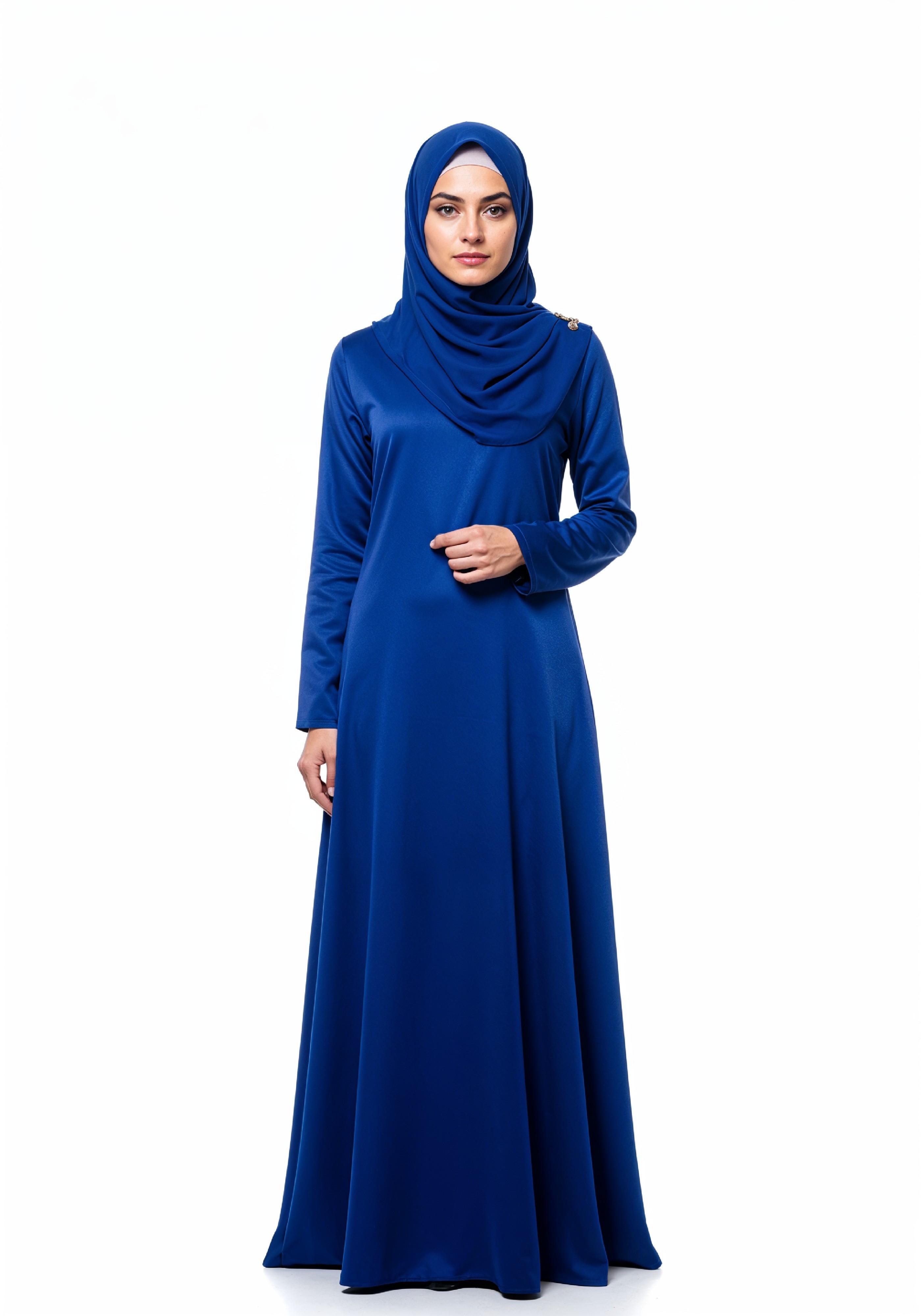 Stylish Young Muslim Woman in Royal Blue Abaya and Hijab Full Length Fashion Portrait