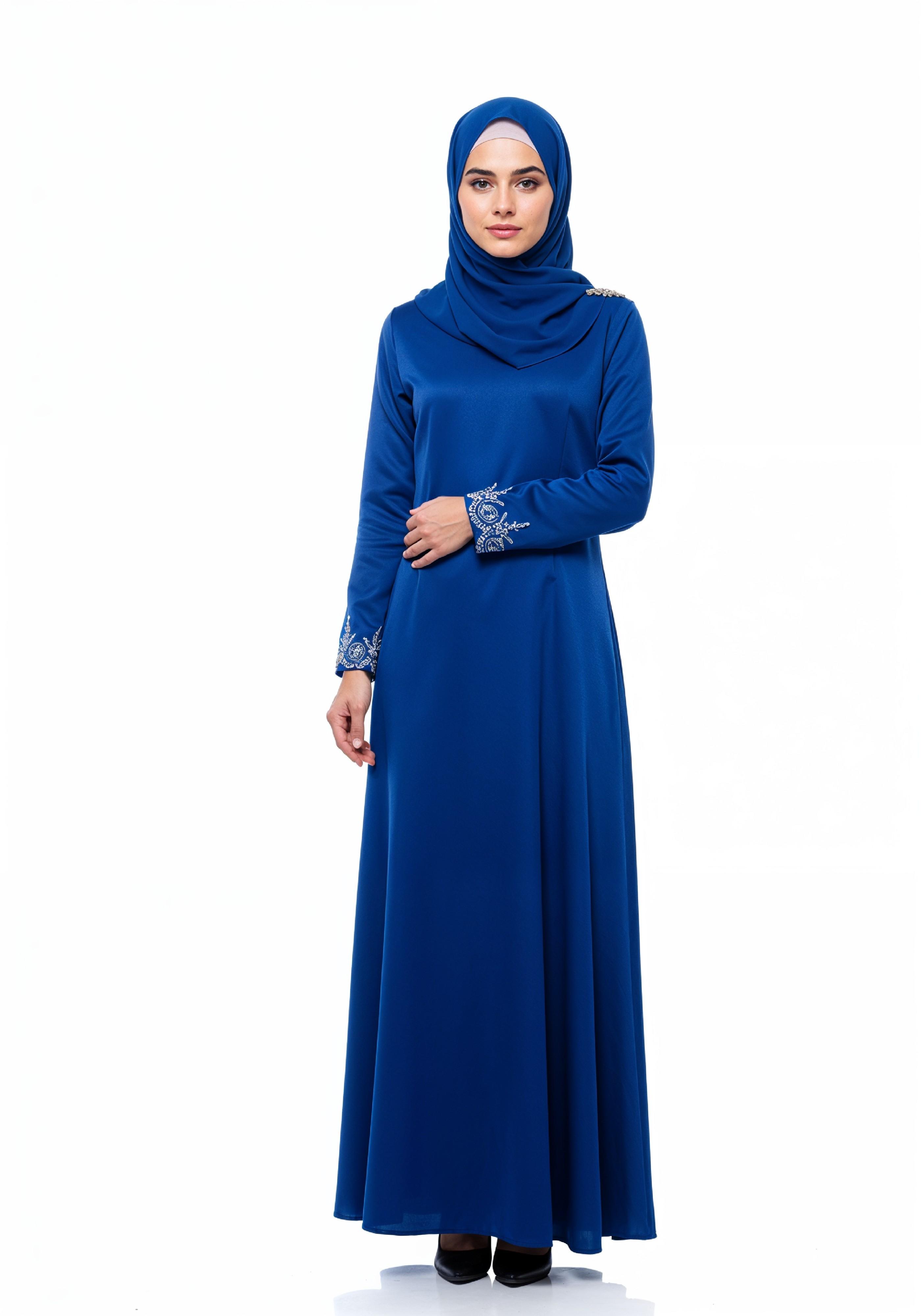 Stylish Young Muslim Woman in Royal Blue Abaya and Hijab Full Length Fashion Portrait