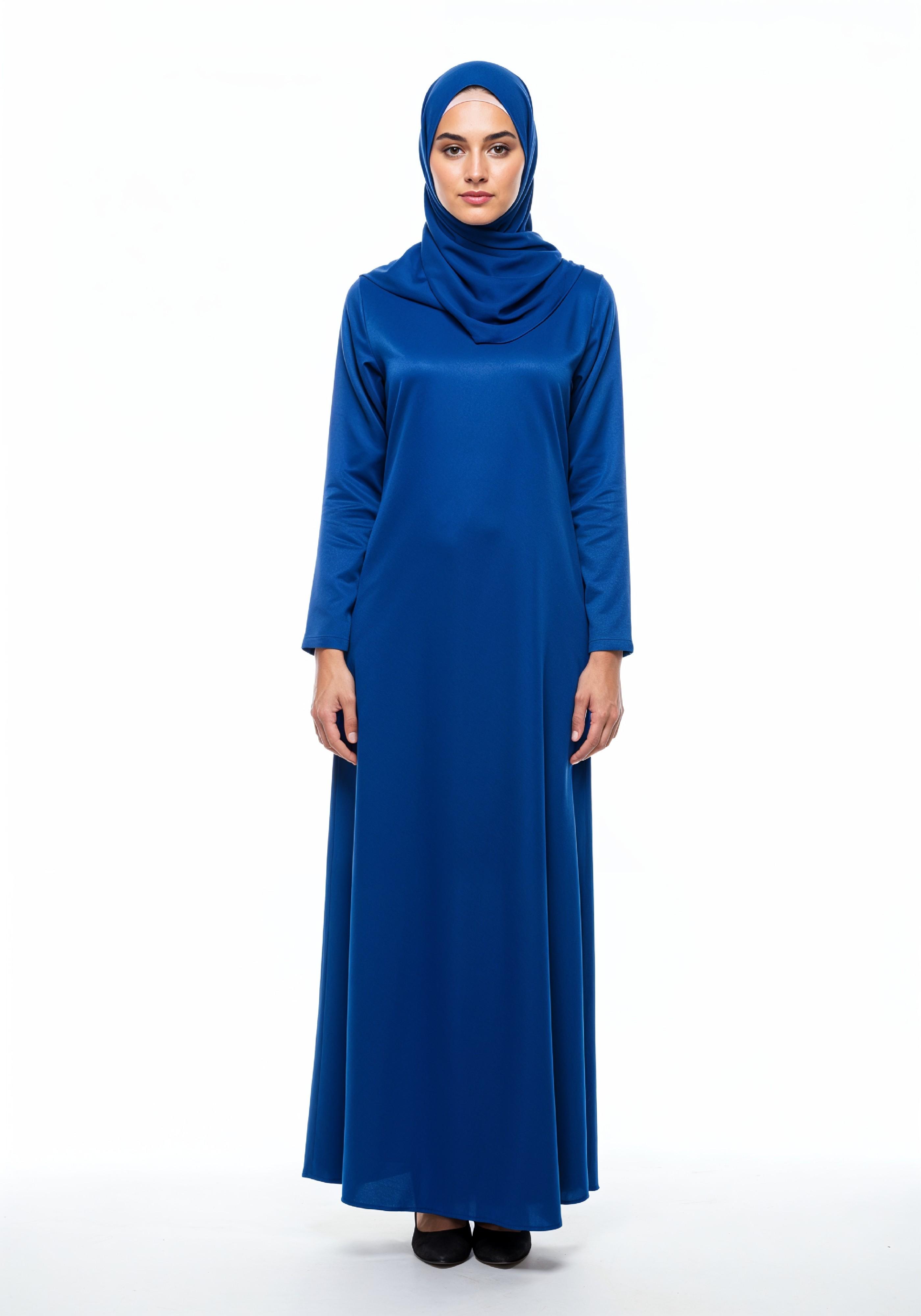 Stylish Young Muslim Woman in Royal Blue Abaya and Hijab Full Length Fashion Portrait