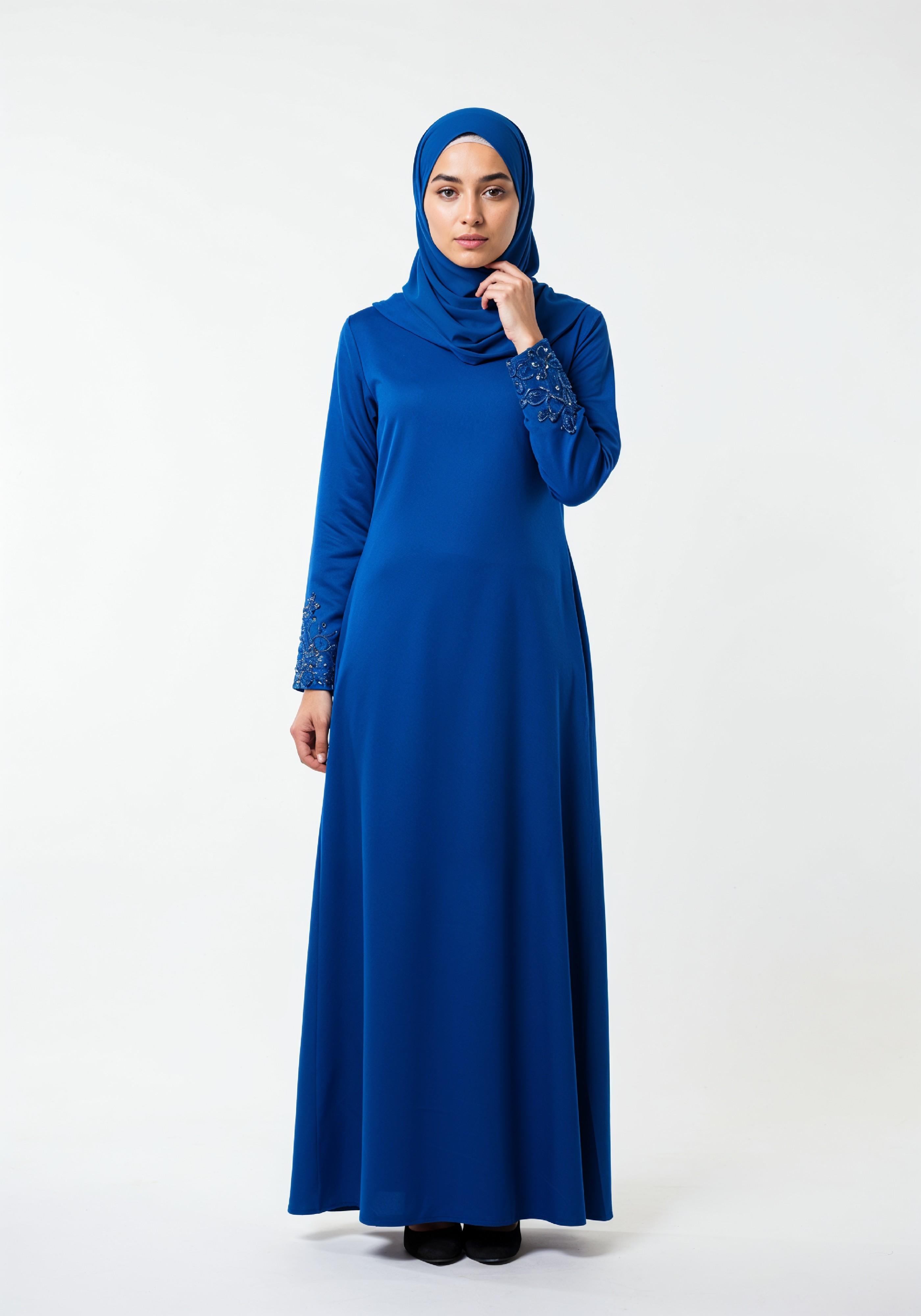 Stylish Young Muslim Woman in Royal Blue Abaya and Hijab Full Length Fashion Portrait