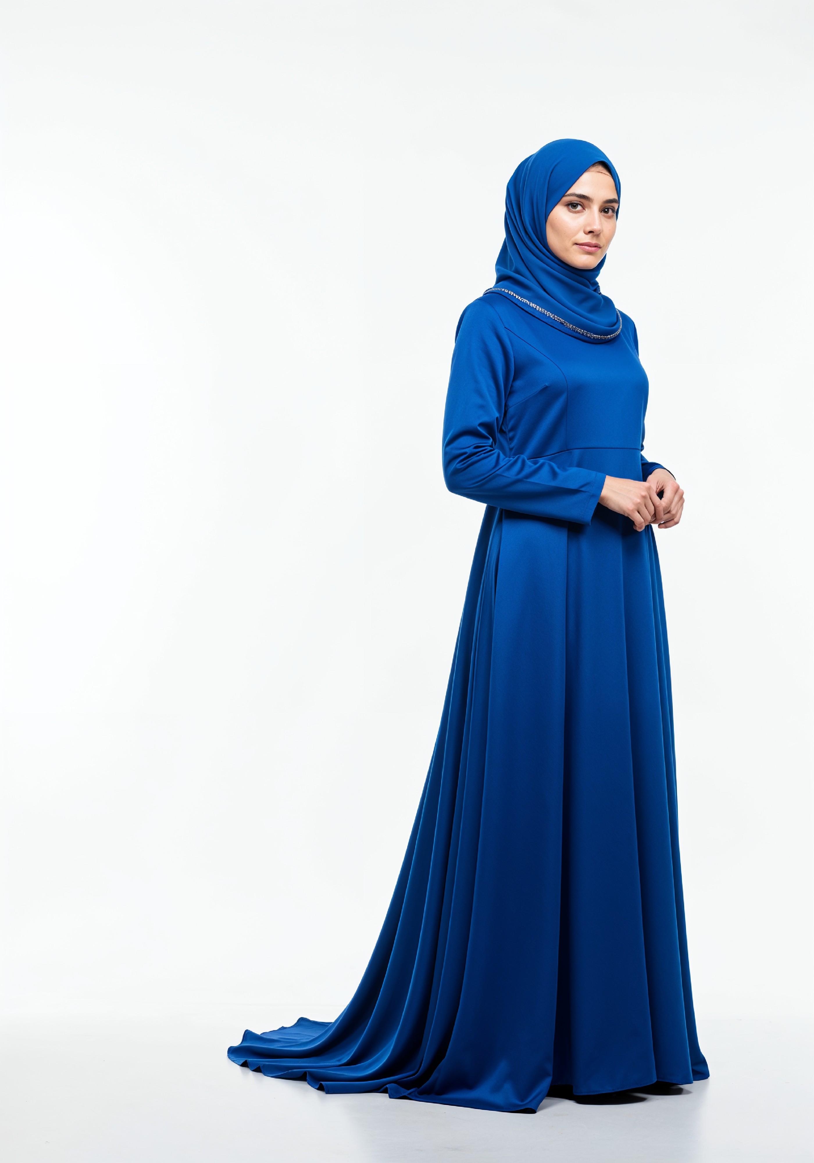 Stylish Young Muslim Woman in Royal Blue Abaya and Hijab Full Length Fashion Portrait
