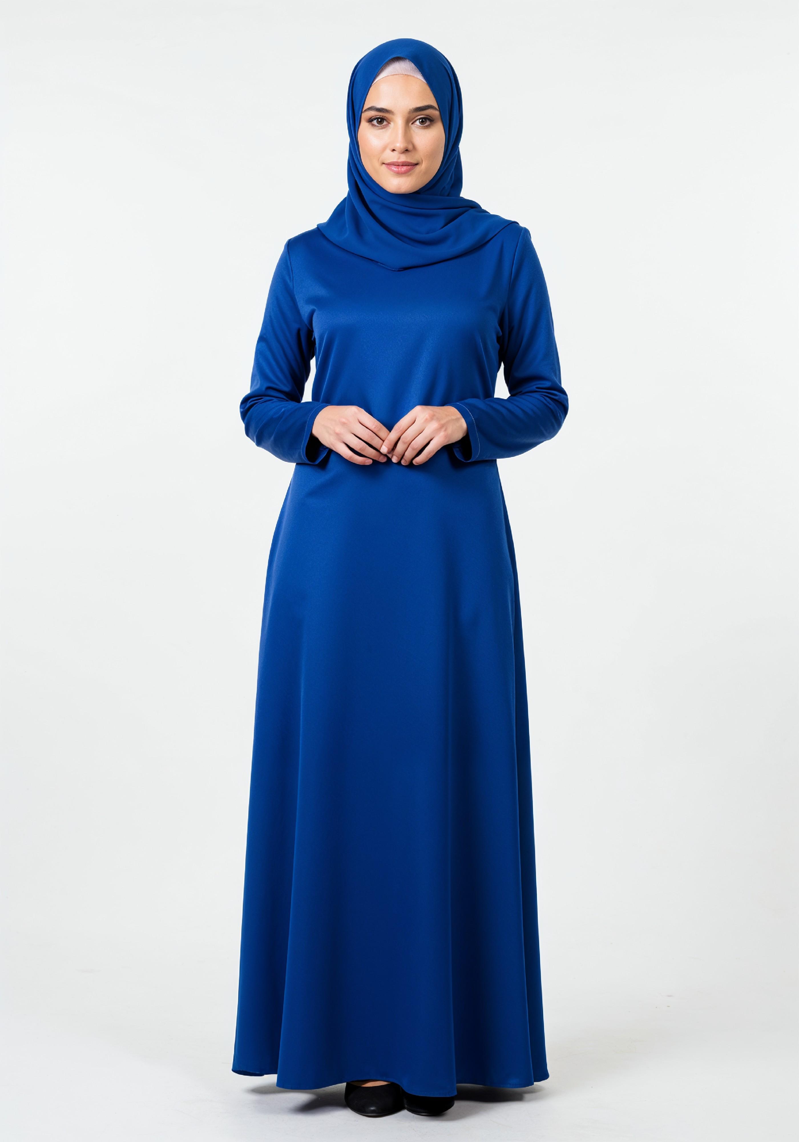 Stylish Young Muslim Woman in Royal Blue Abaya and Hijab Full Length Fashion Portrait
