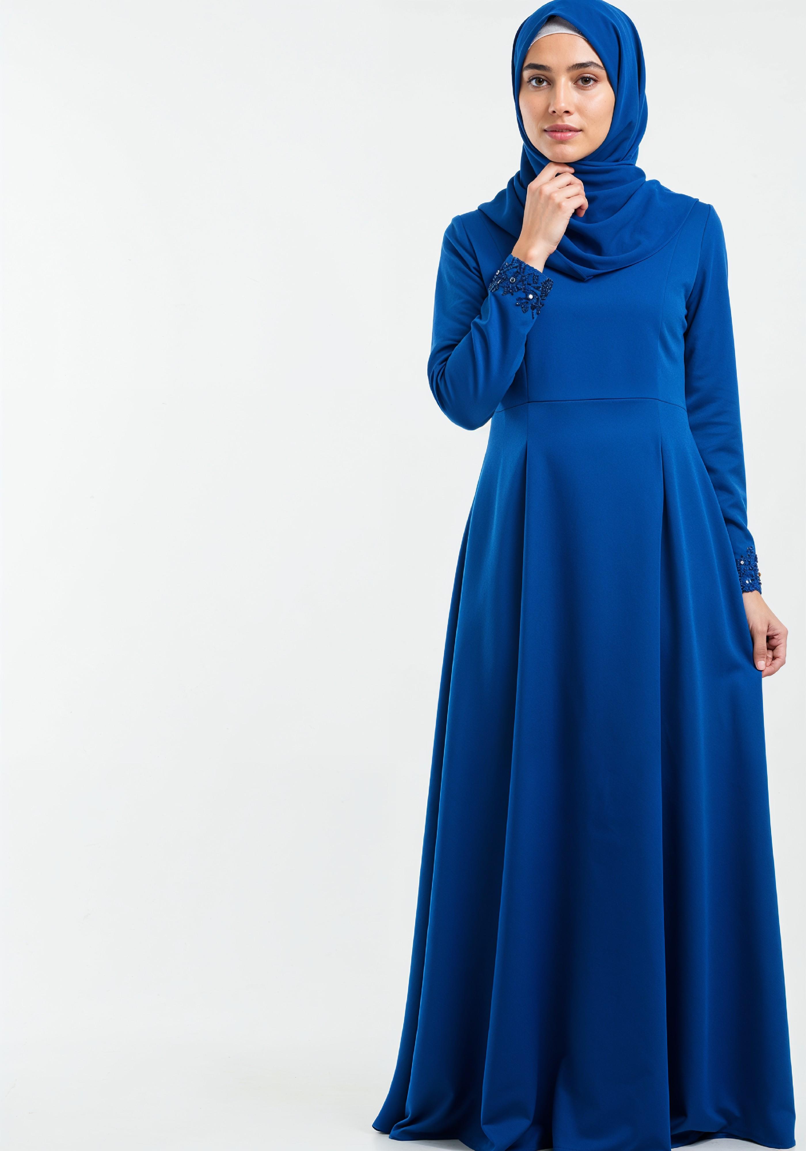 Stylish Young Muslim Woman in Royal Blue Abaya and Hijab Full Length Fashion Portrait