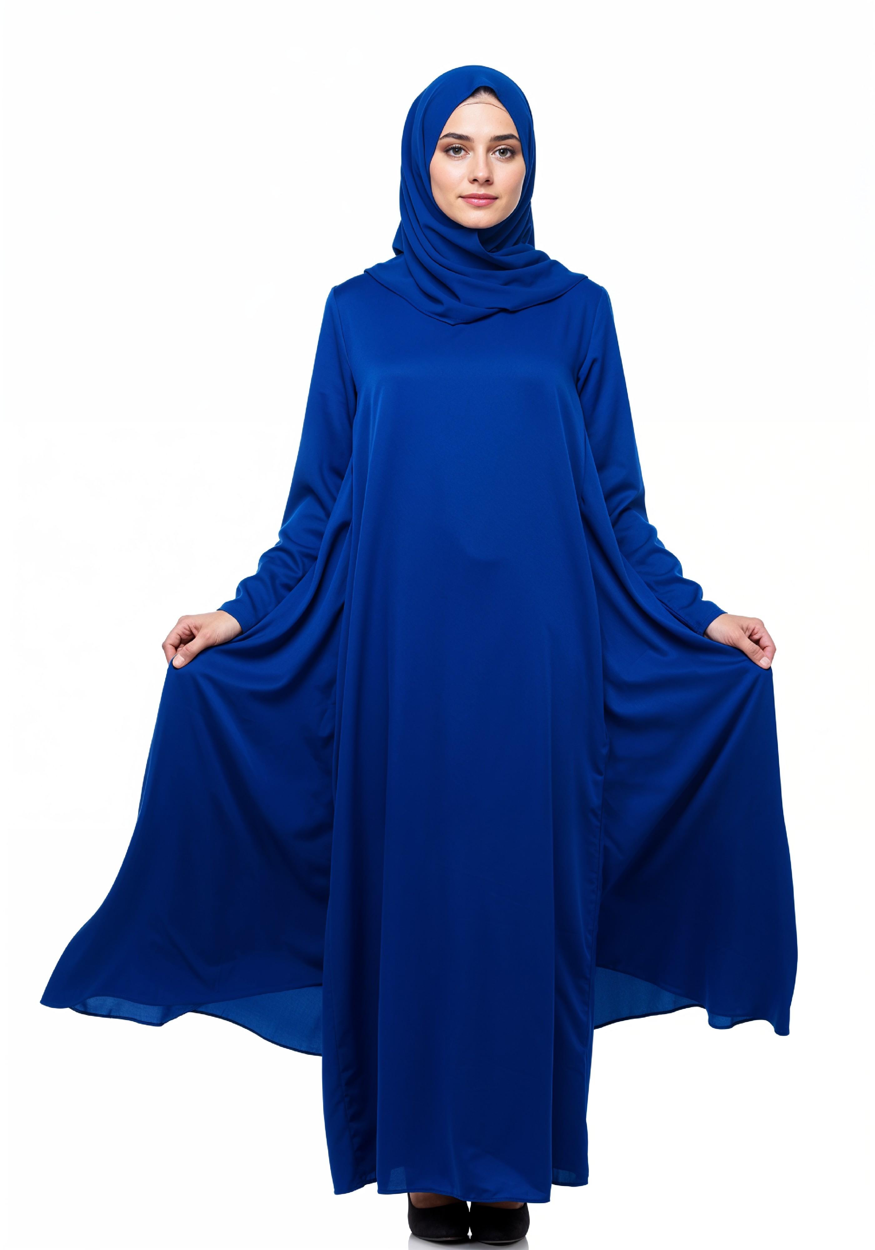 Stylish Young Muslim Woman in Royal Blue Abaya and Hijab Full Length Fashion Portrait