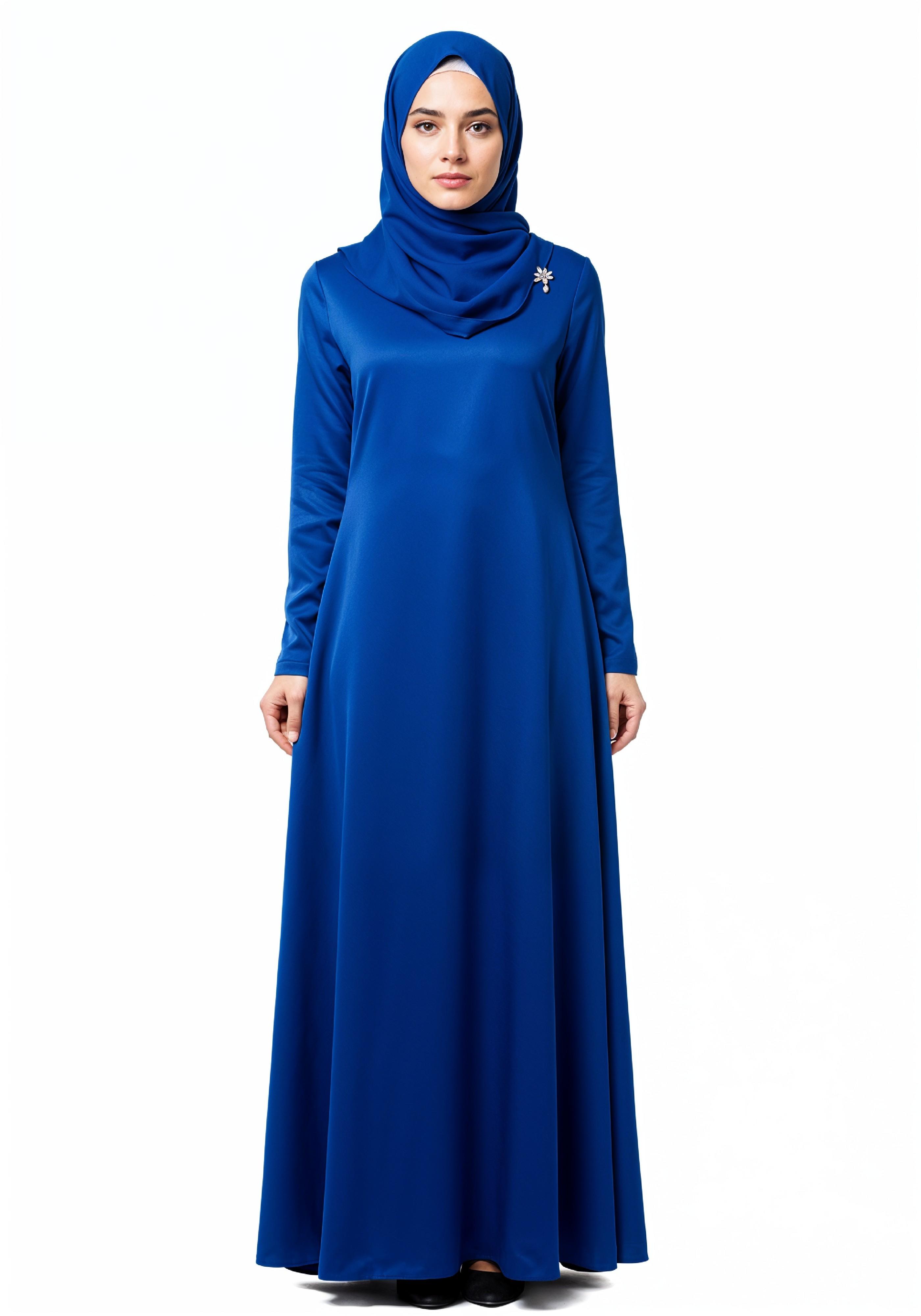 Stylish Young Muslim Woman in Royal Blue Abaya and Hijab Full Length Fashion Portrait