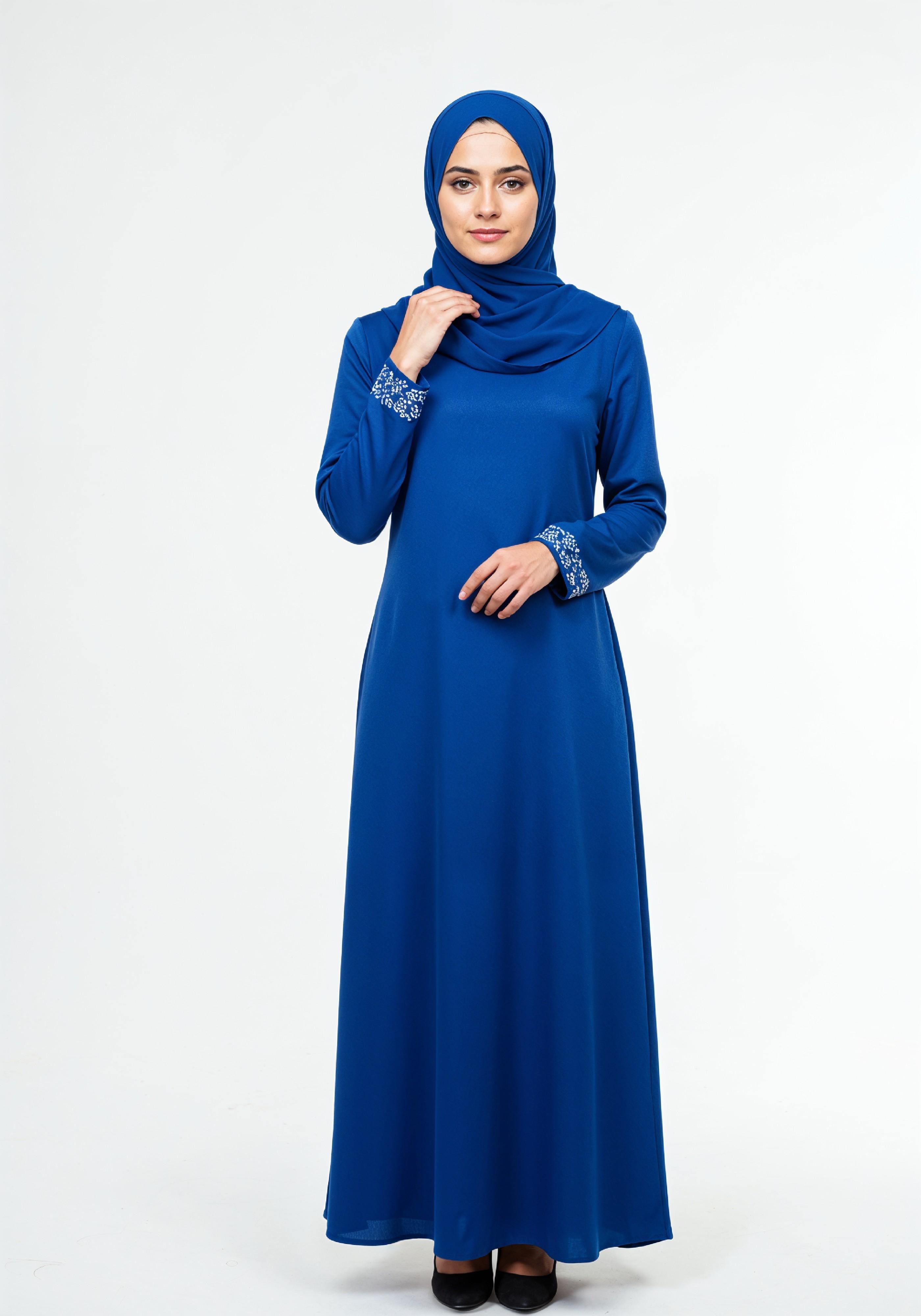 Stylish Young Muslim Woman in Royal Blue Abaya and Hijab Full Length Fashion Portrait