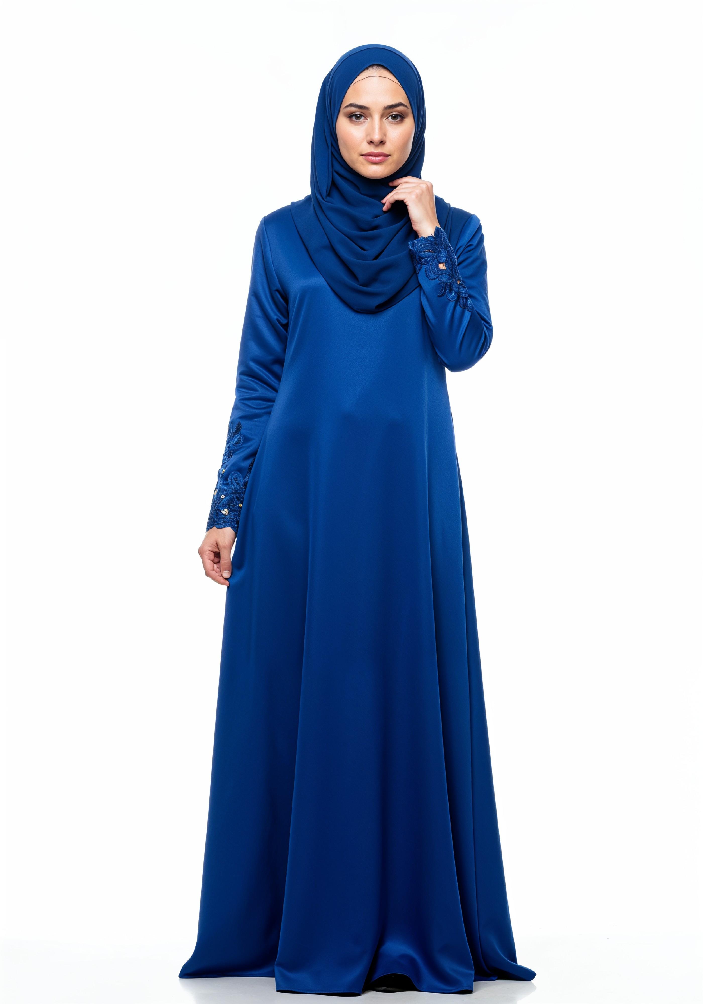 Stylish Young Muslim Woman in Royal Blue Abaya and Hijab Full Length Fashion Portrait