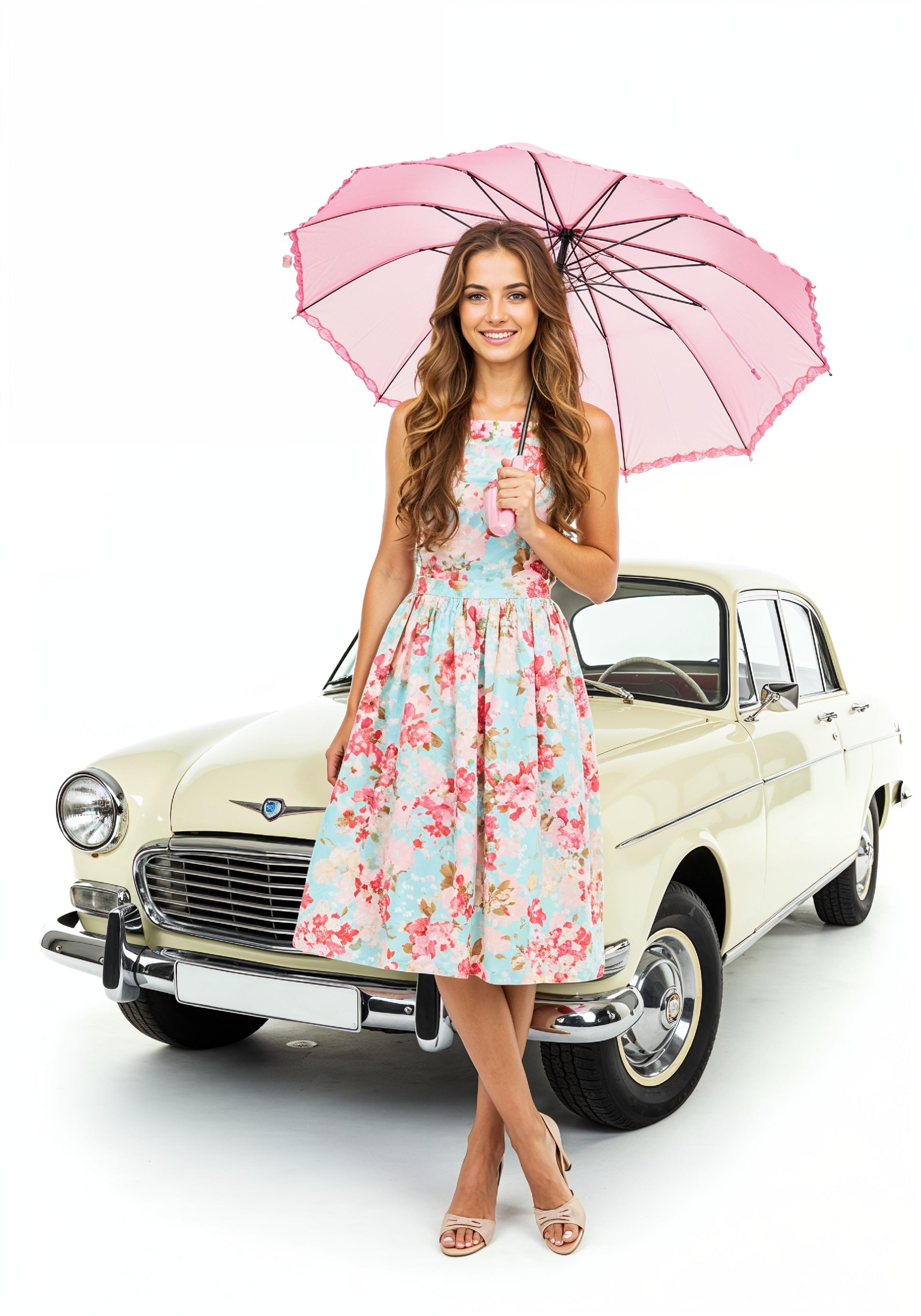 Stylish Young Woman Holding Umbrella Near Classic Vintage Car Fashion Portrait